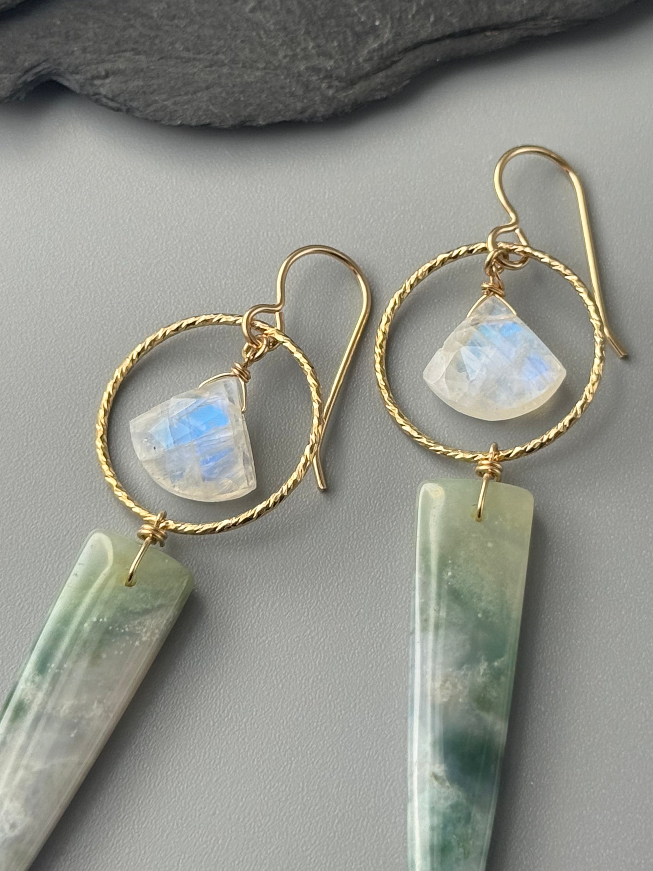 •LUNA• rainbow moonstone + jade gold earrings