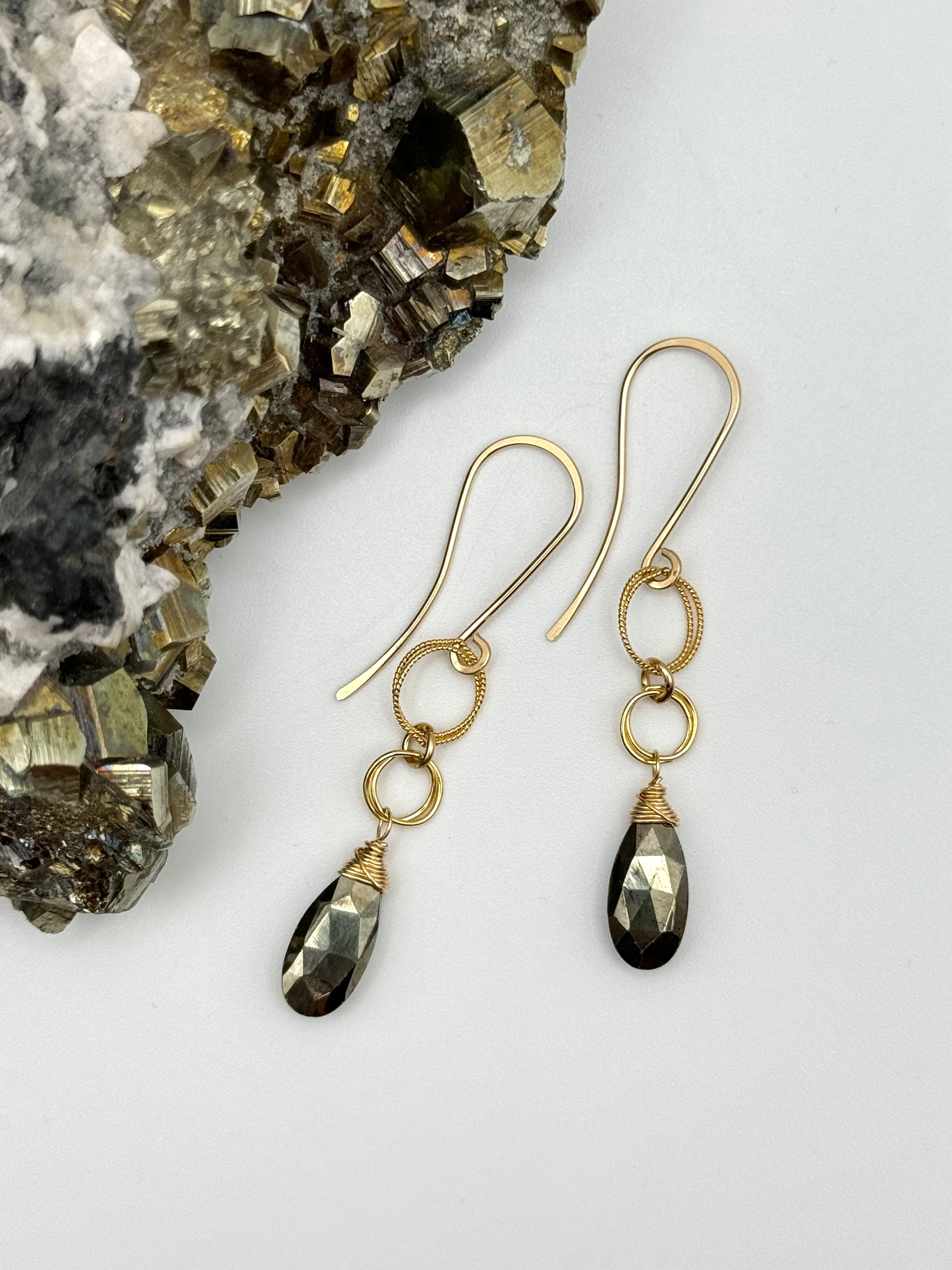 •LINKED DROP• pyrite + gold dangle earrings