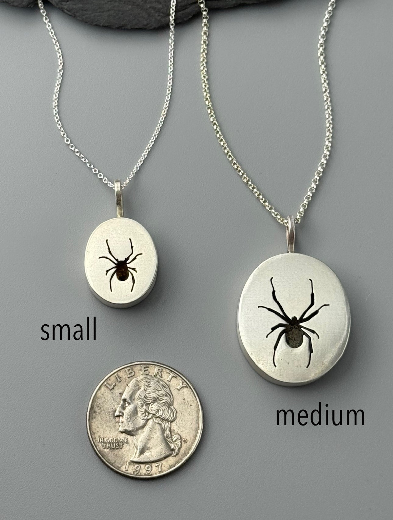•WIDOW - MEDIUM• silver spider shadowbox necklace (18" - 21" long)