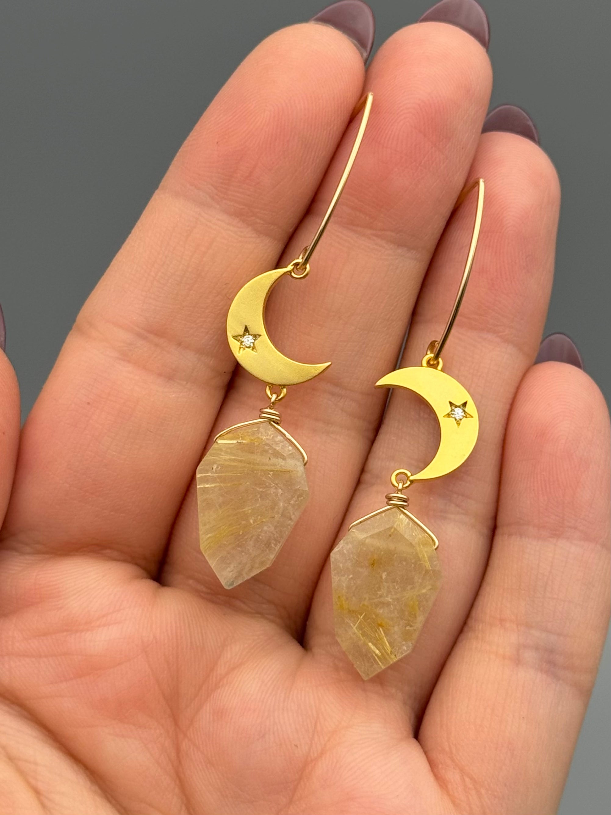 •CRYSTAL CRESCENT• rutilated quartz + gold earrings