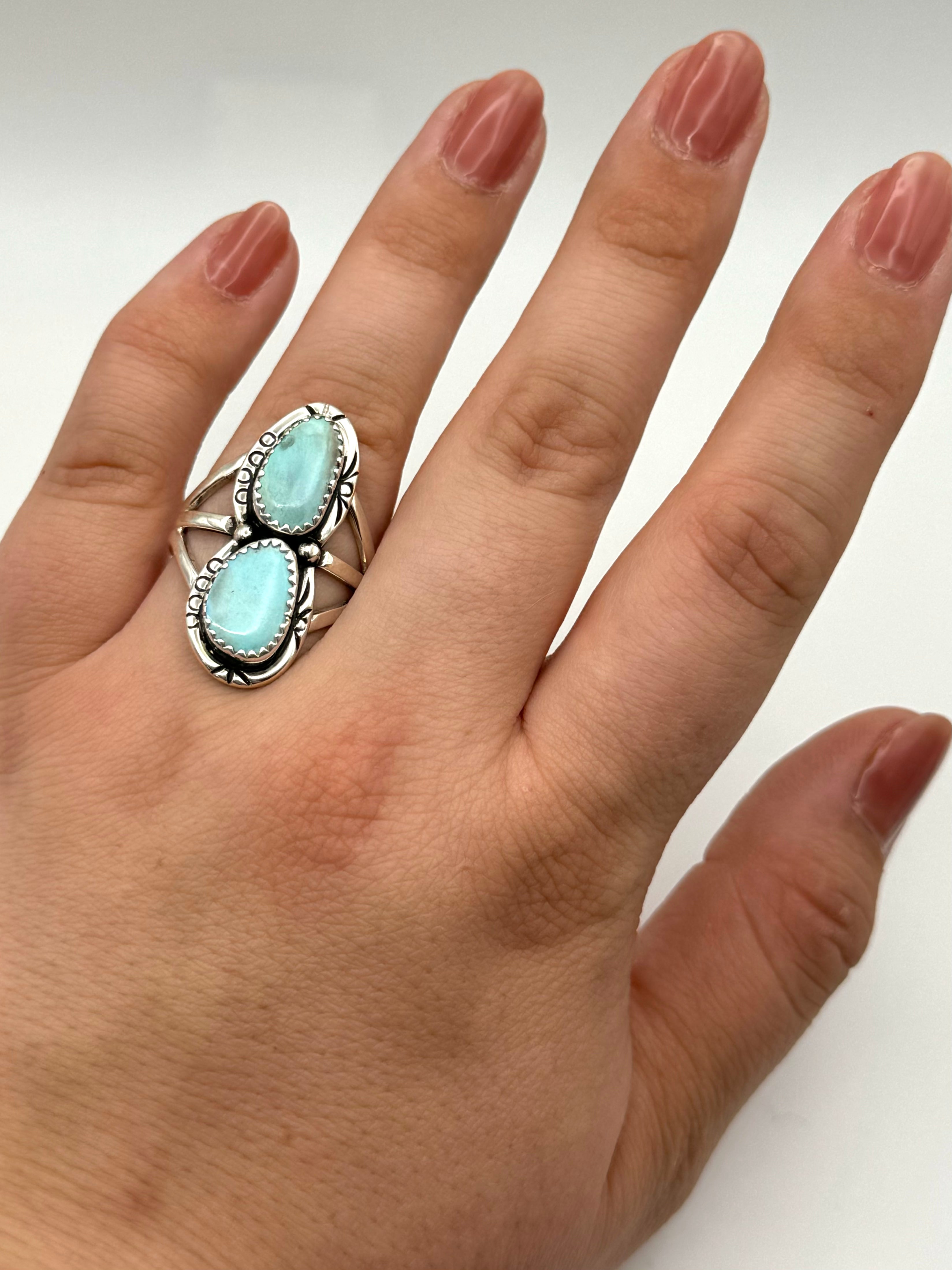 •GOLDEN HILL TURQUOISE - 2• Navajo silver double stone ring (size 8.75)