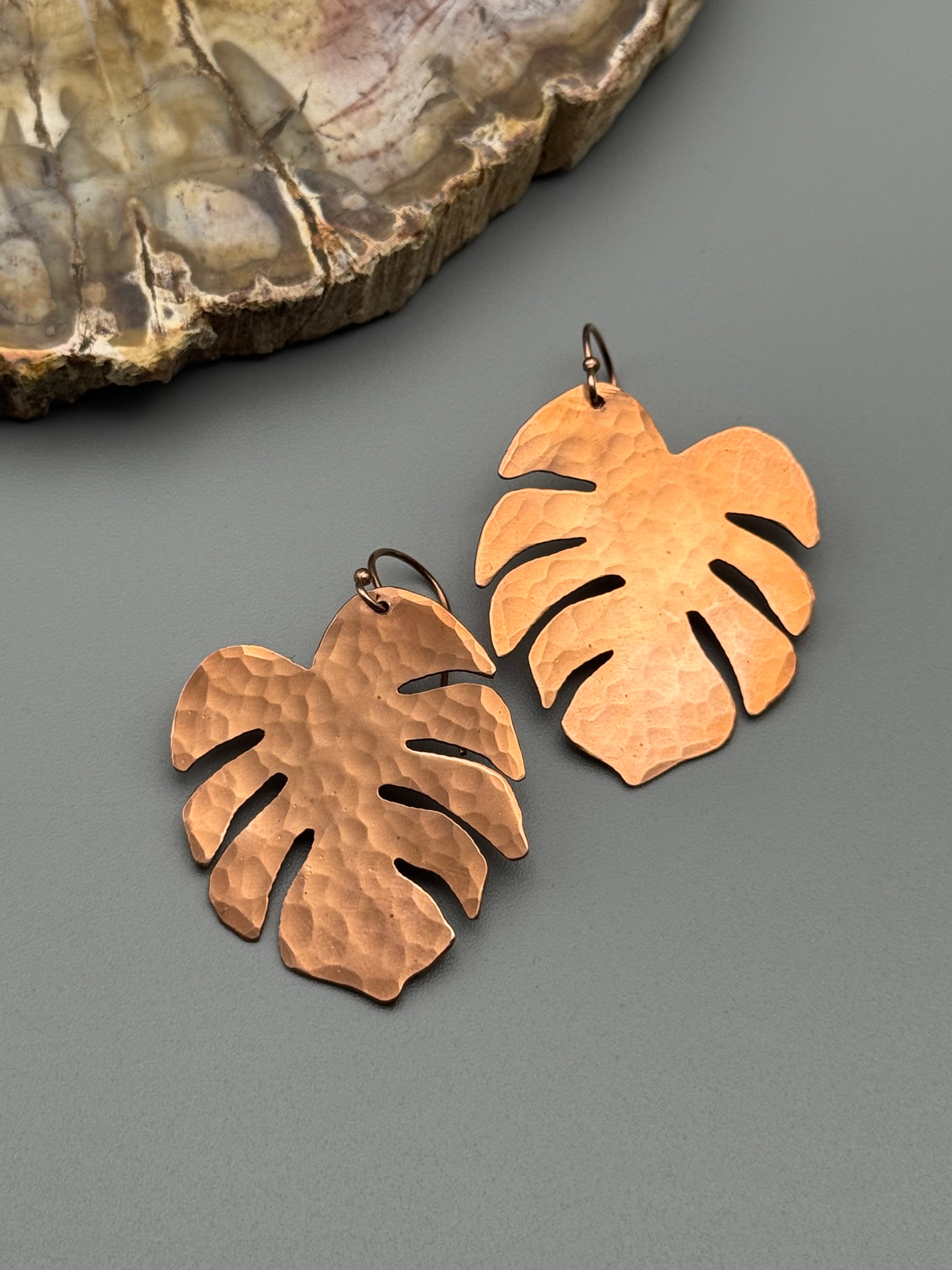 •LIL' MONSTERA• rose gold leaf dangle earrings