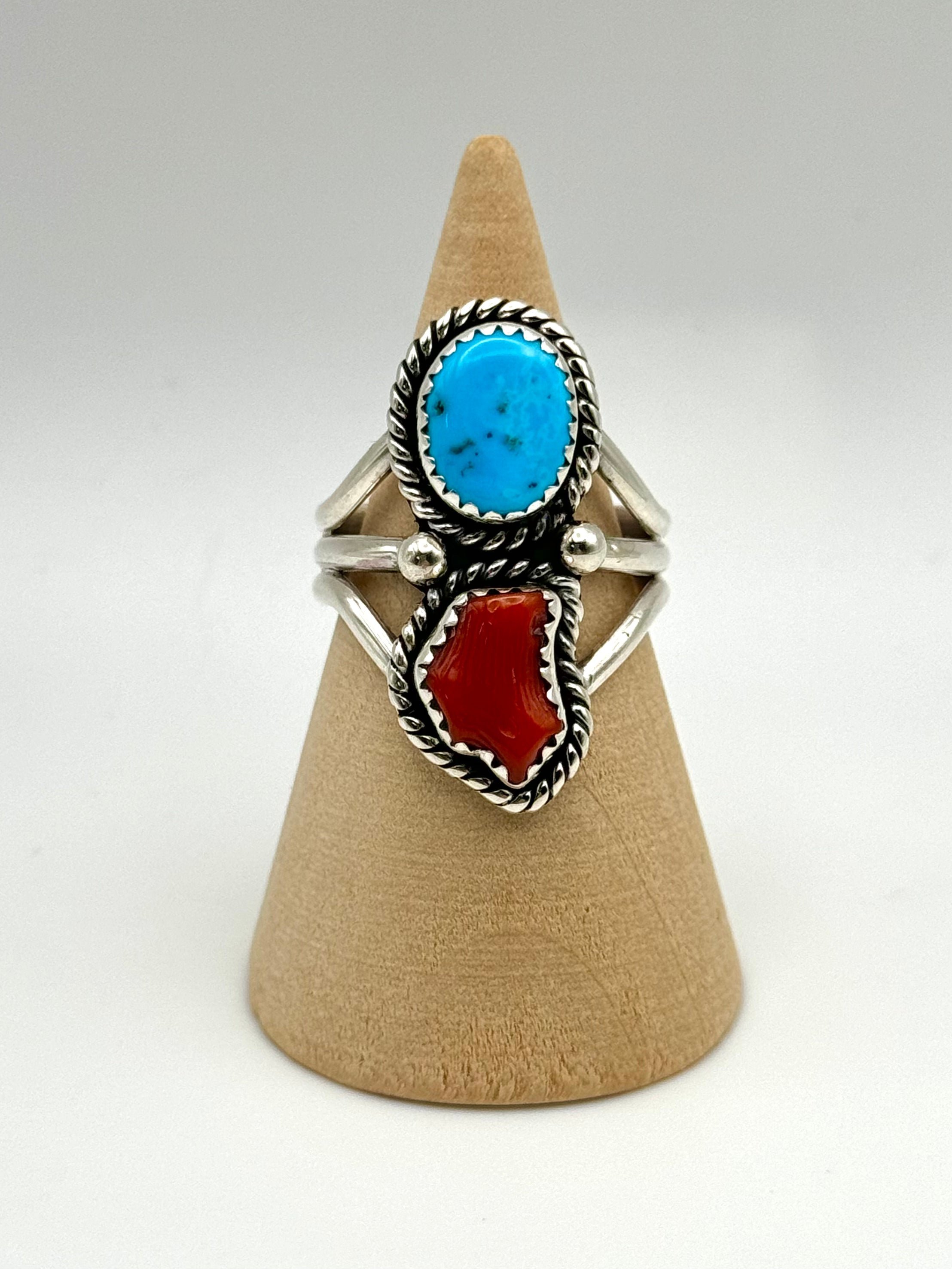 •SLEEPING BEAUTY TURQUOISE & CORAL• Navajo silver double stone ring (size 8.5)