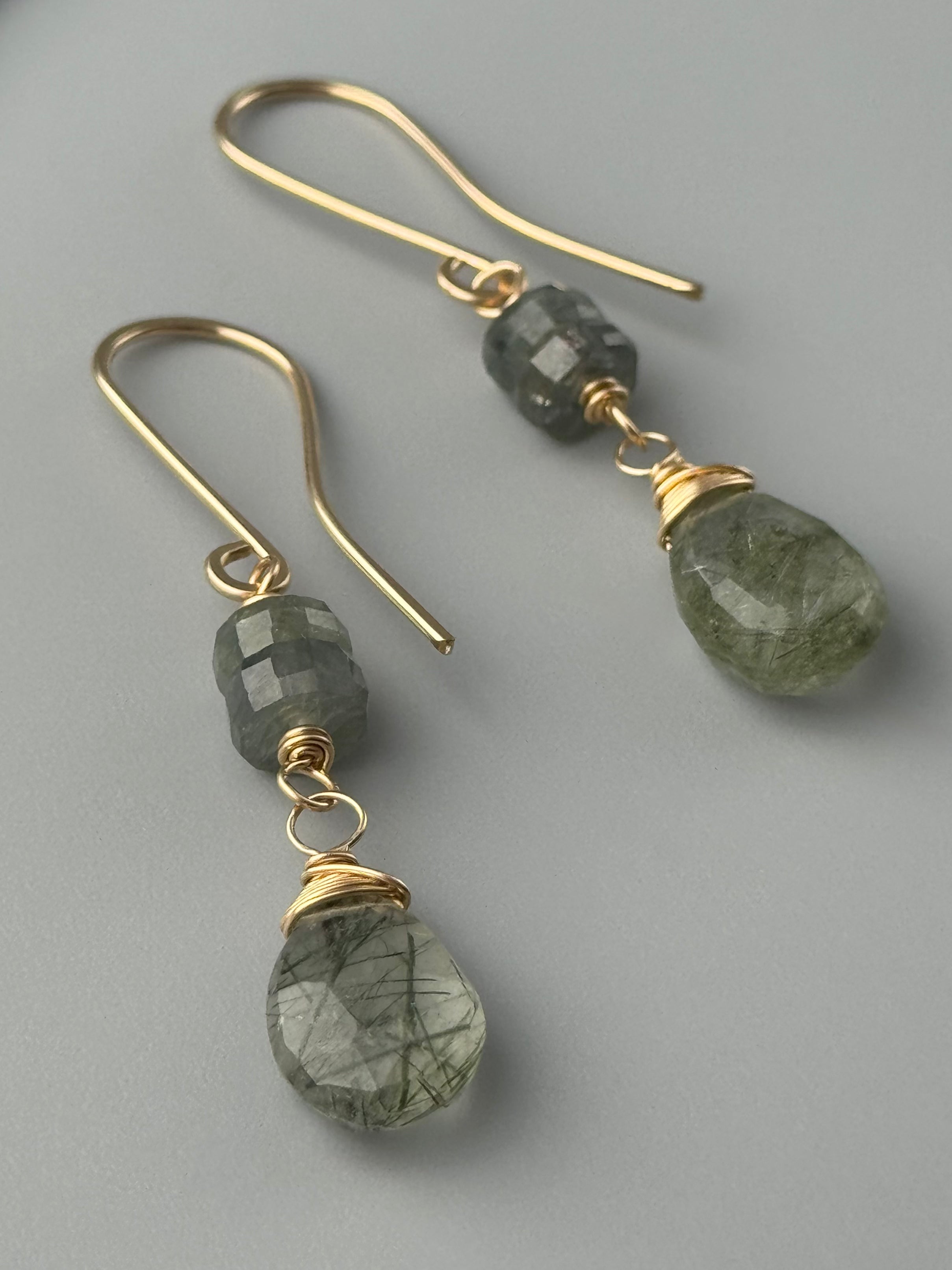 •MOSSY DROP• moss agate + tourmalinated quartz gold dangle earrings
