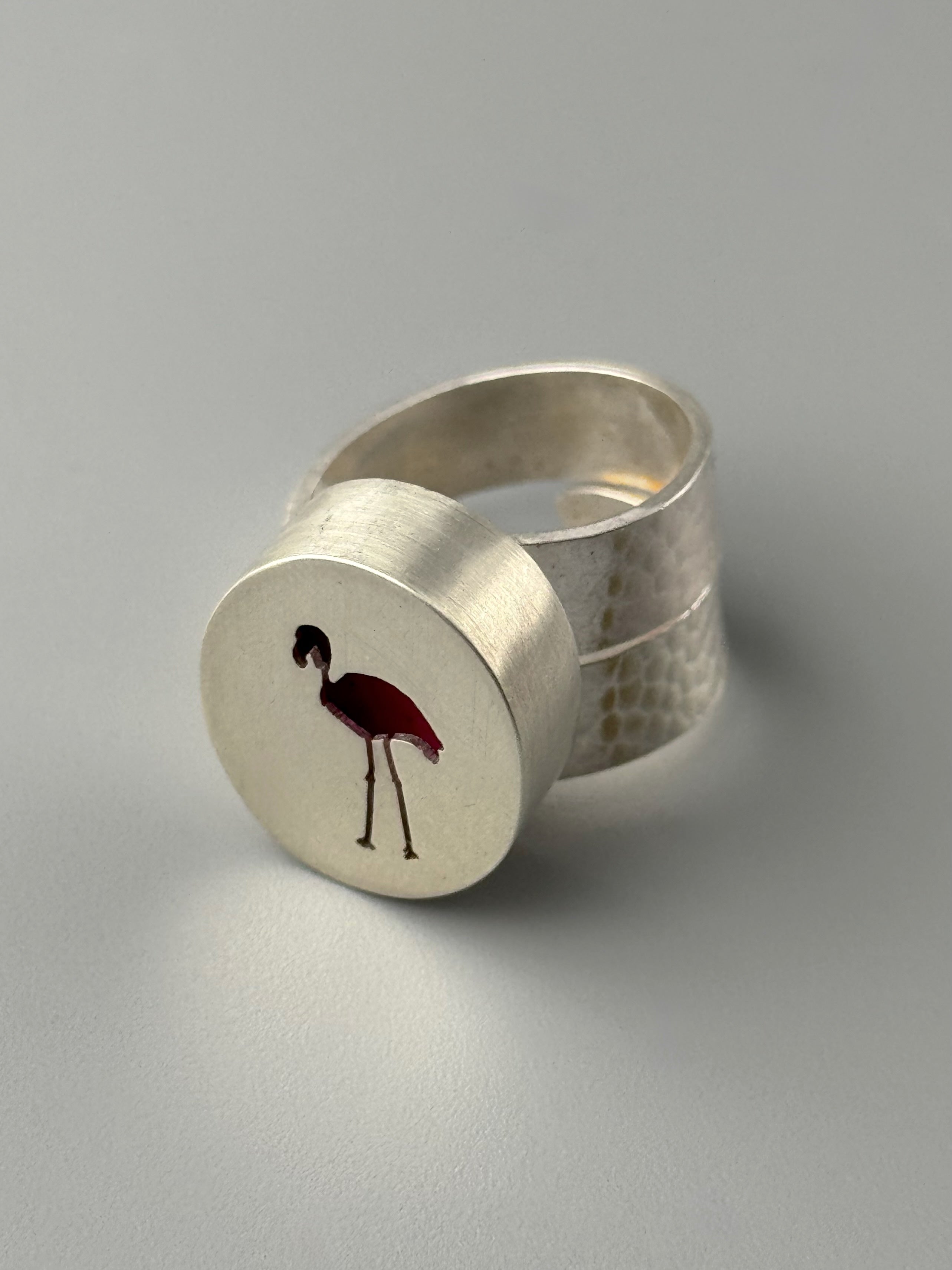 •ROSA• silver + pink flamingo shadowbox adjustable ring