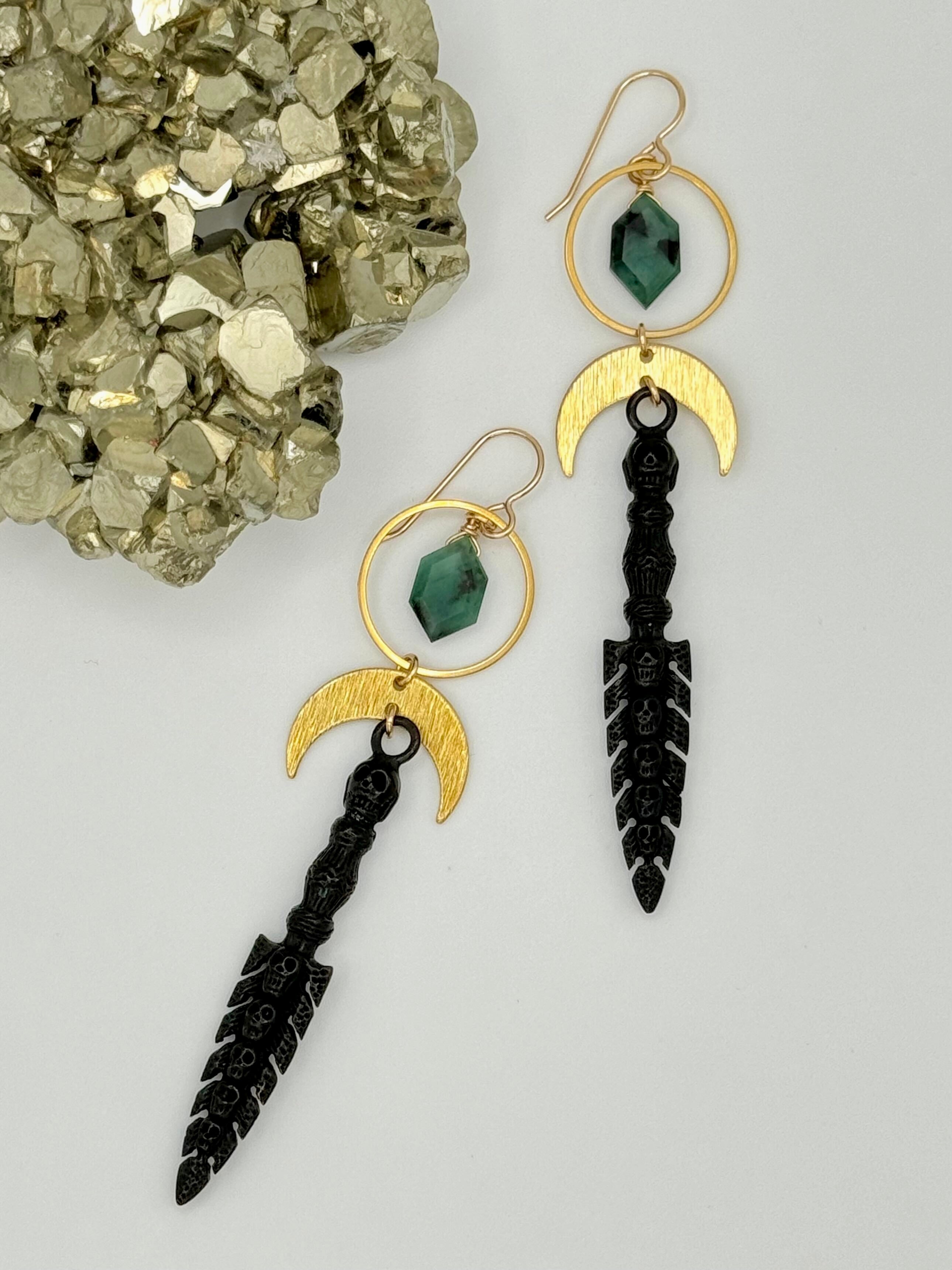 •MOON MORTEM• emerald + mixed metal dangle earrings