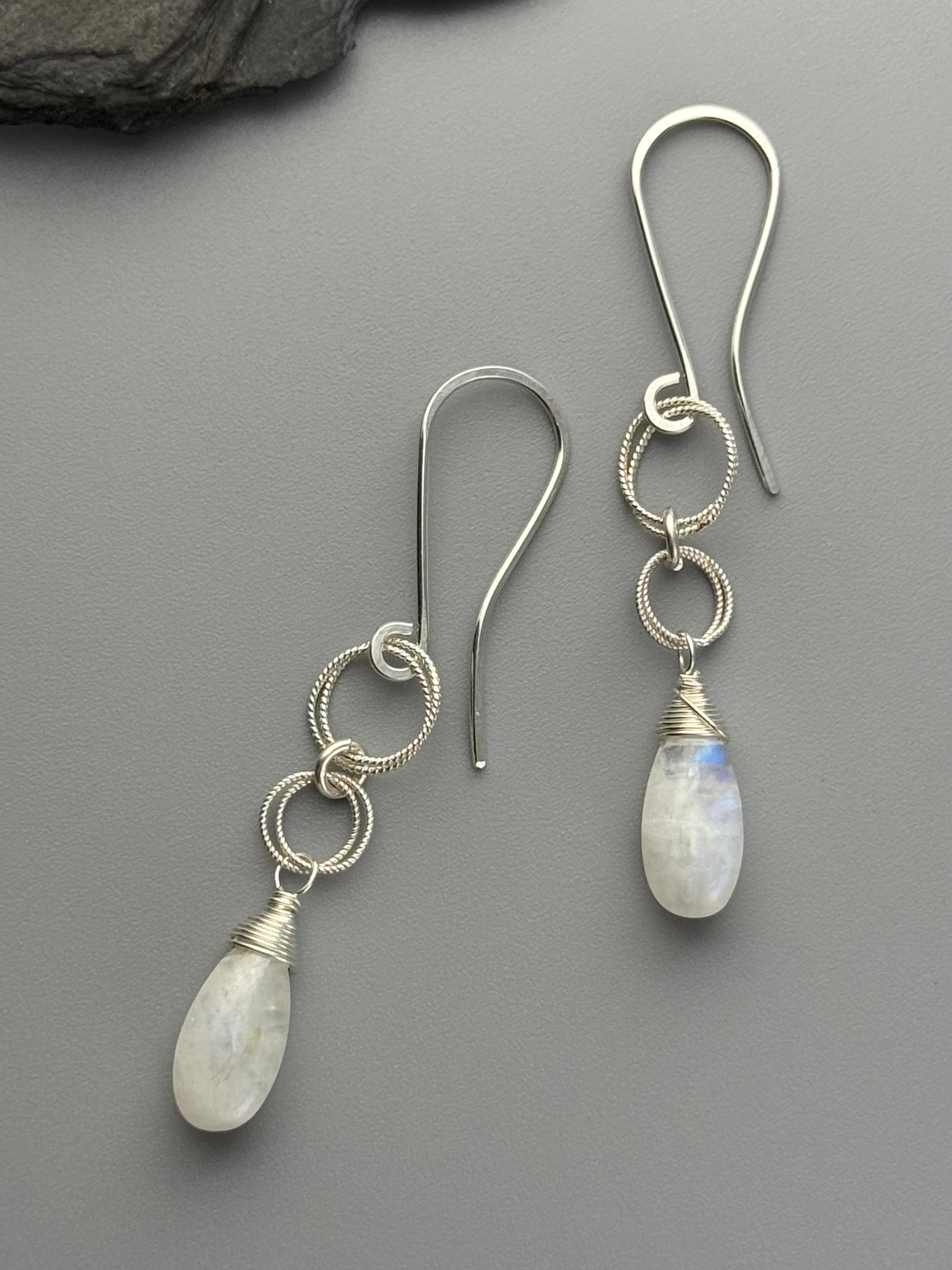 •LINKED DROP• rainbow moonstone + silver dangle earrings