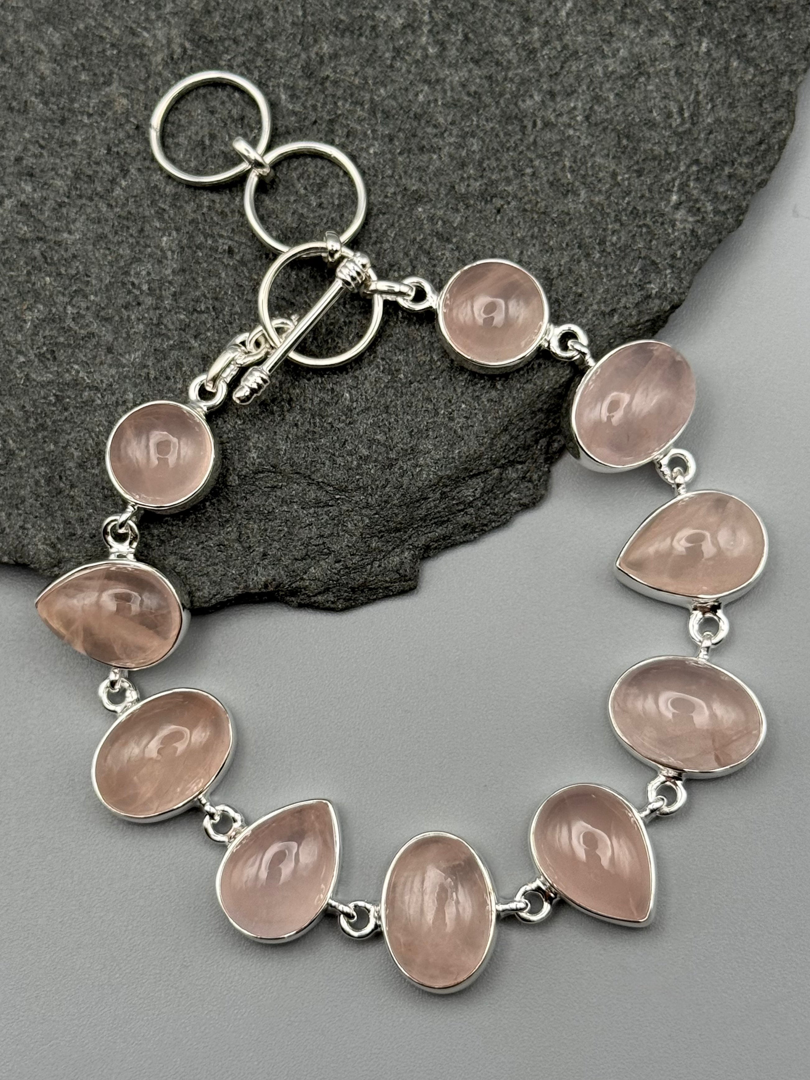 •ROSE QUARTZ - GEO MIX• linked silver bracelet (7.25" - 8.25")