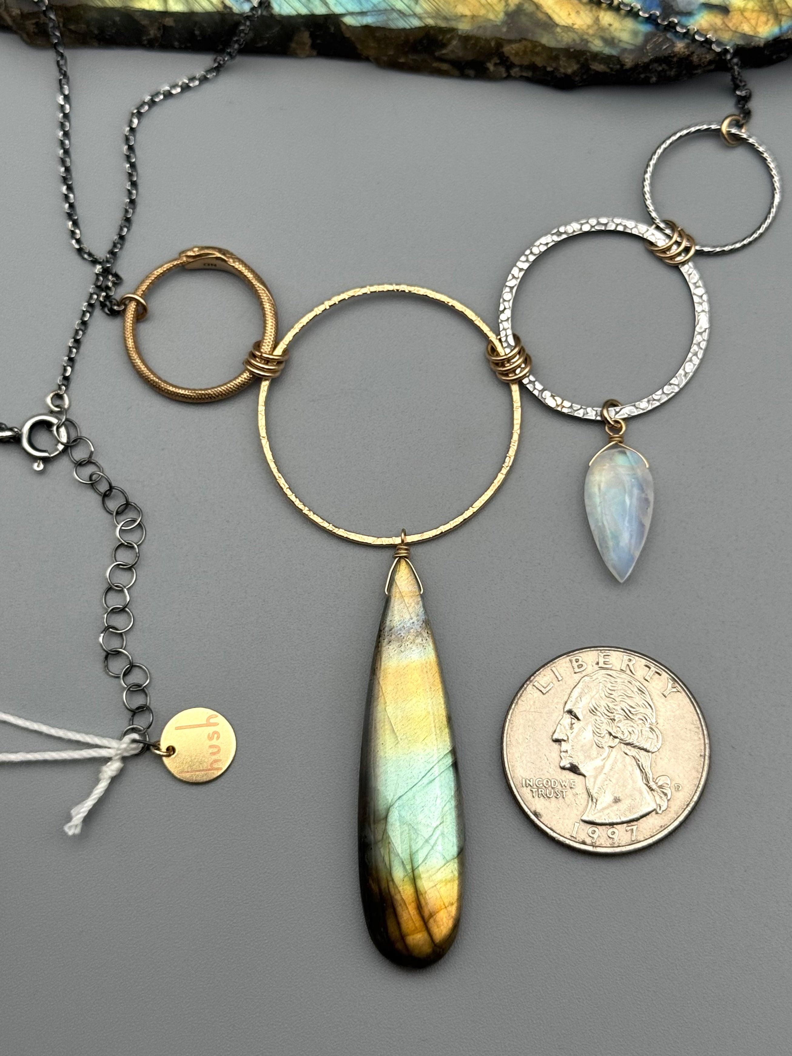 •UNION• labradorite + rainbow moonstone mixed metal necklace (16"-18" long)