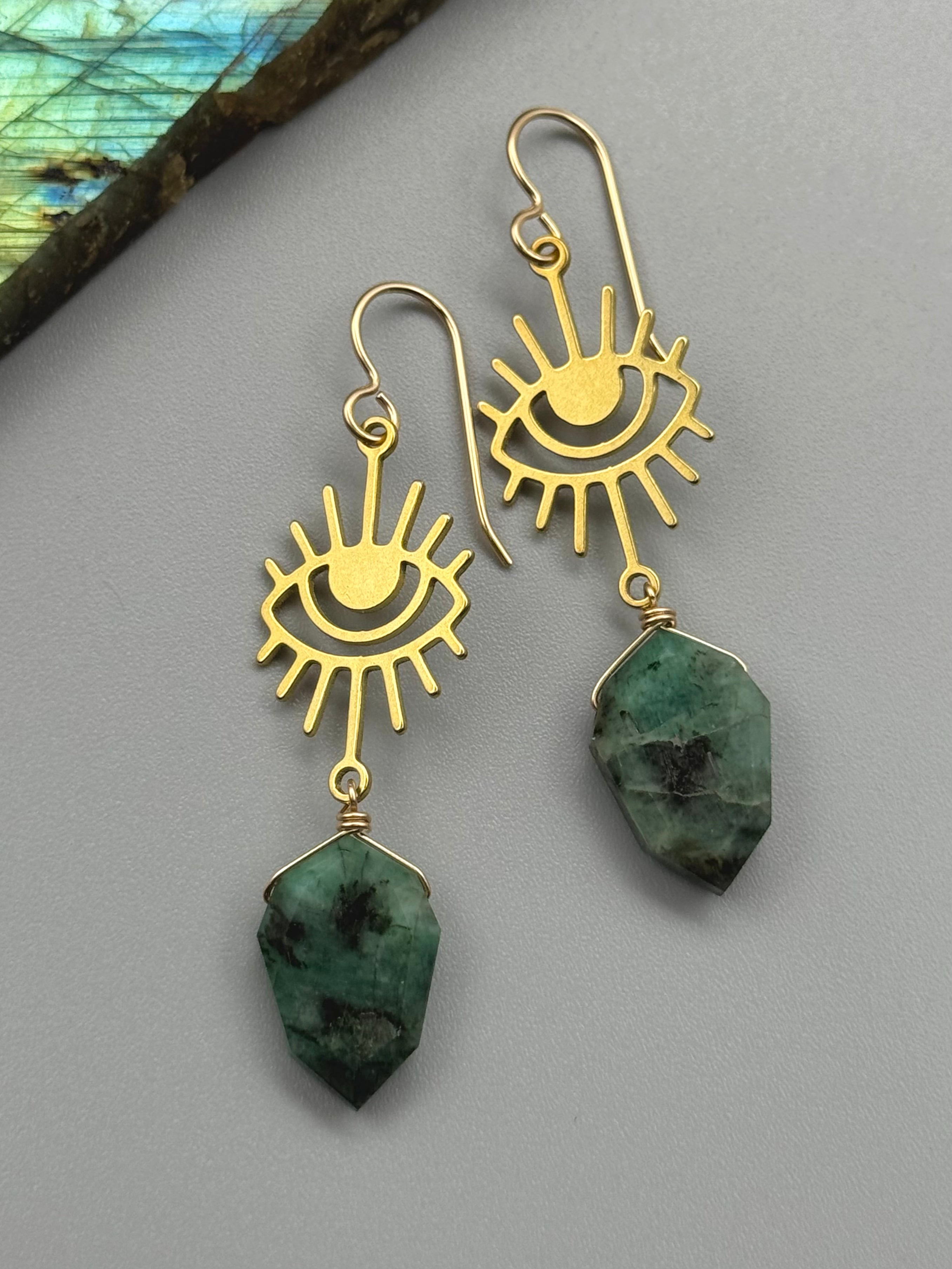 •EYE ON YOU• emerald + gold earrings