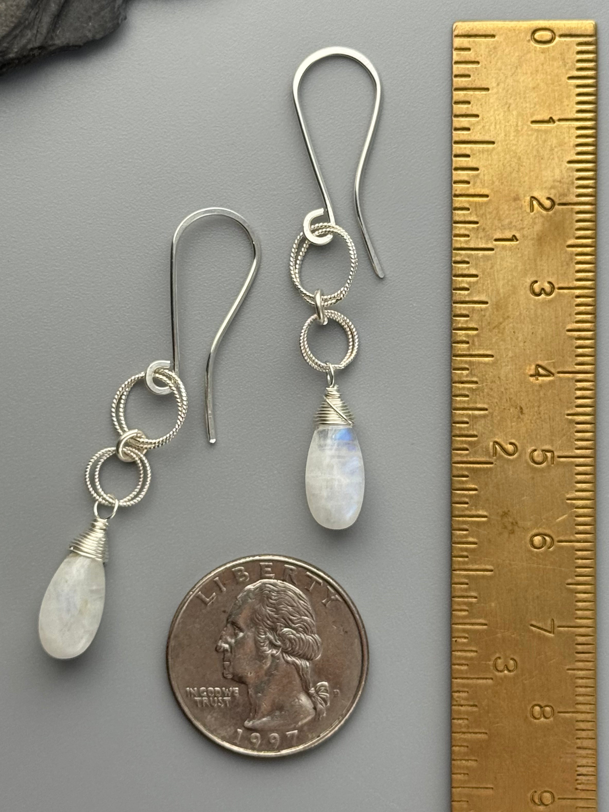 •LINKED DROP• rainbow moonstone + silver dangle earrings