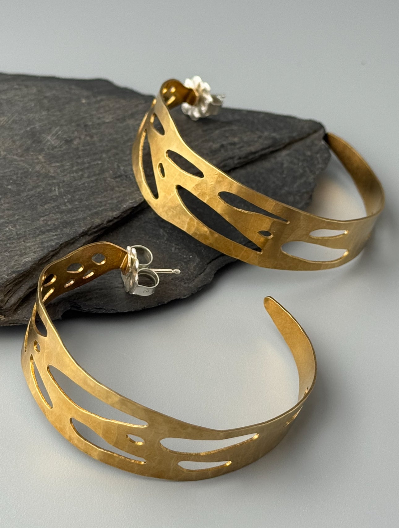 •XL MONSTERA HOOPS• brass + silver post earrings
