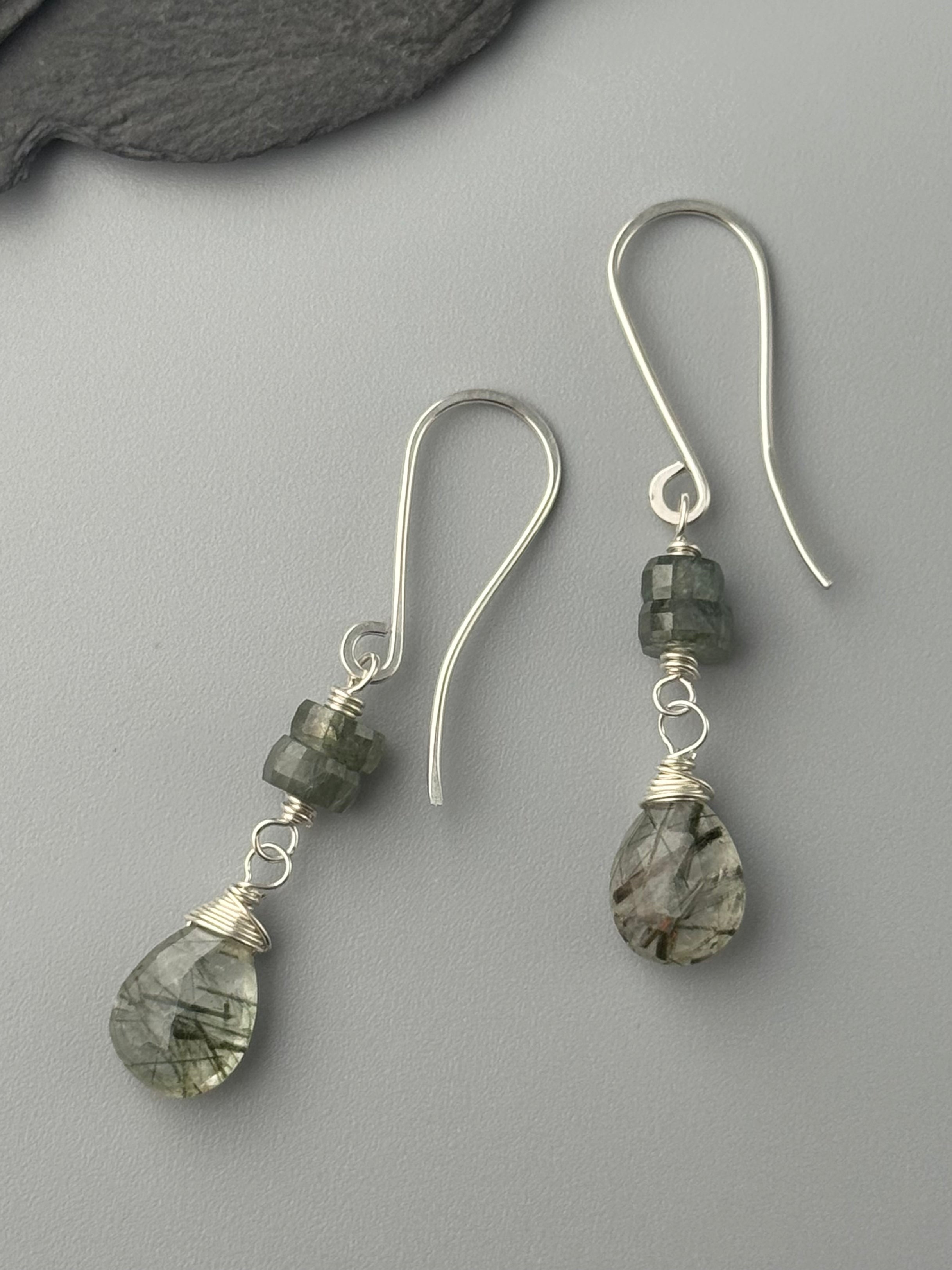 •MOSSY DROP• moss agate + tourmalinated quartz silver dangle earrings