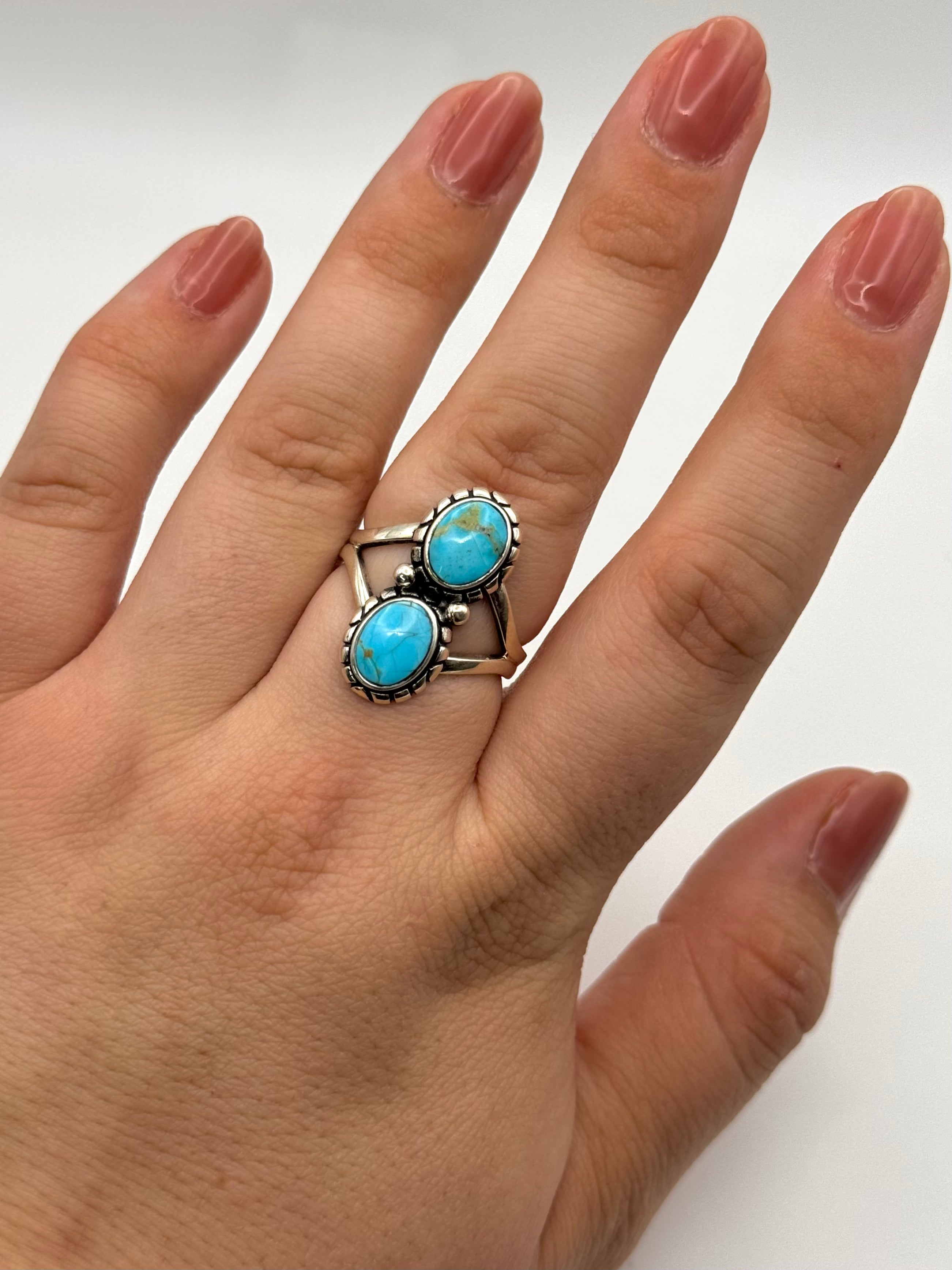 •BLUE RIDGE NEVADA TURQUOISE• Navajo silver double stone ring (size 9)