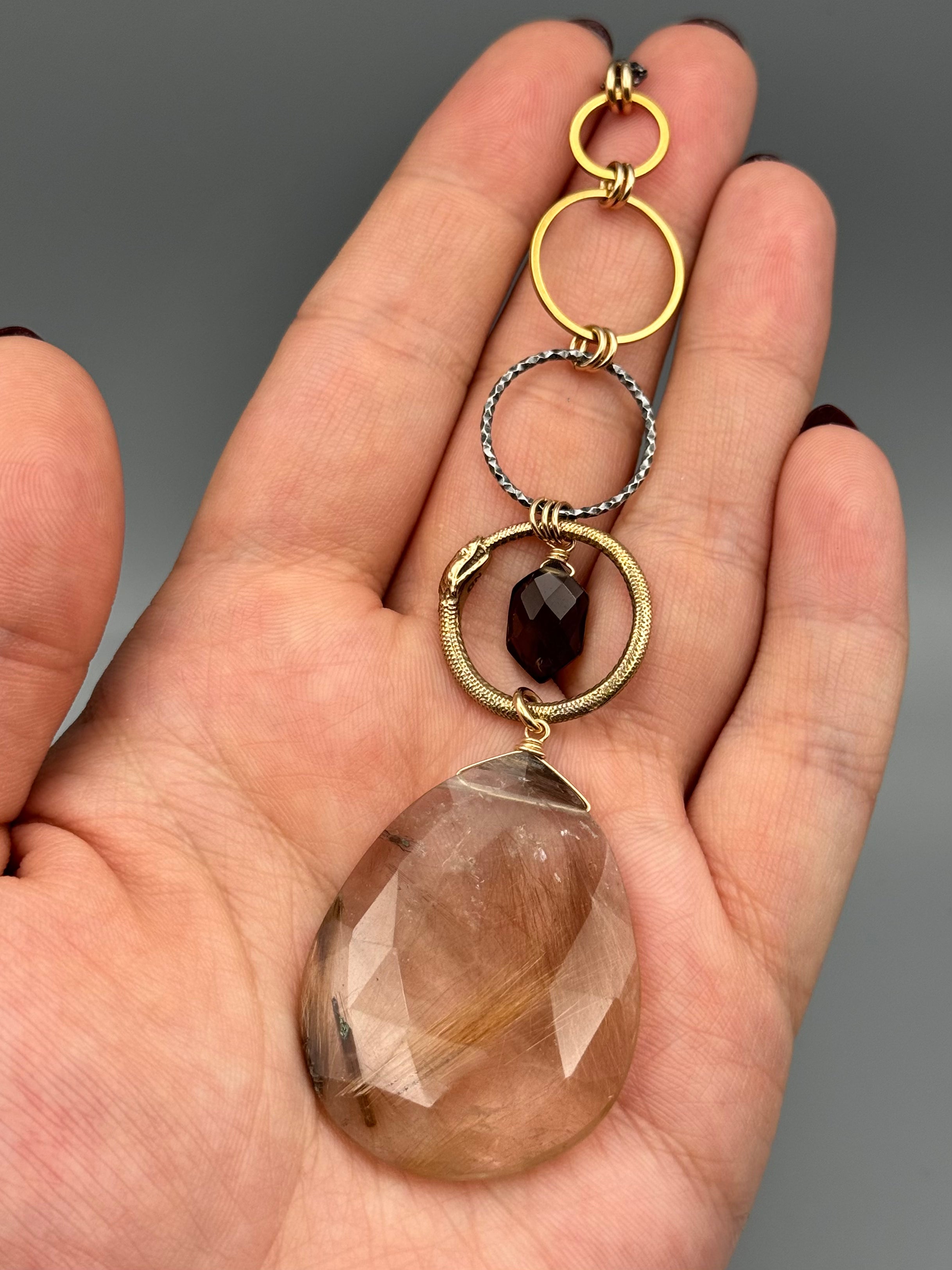 •NĀGA• smoky quartz + rutilated quartz mixed metal necklace (26"-28" long)