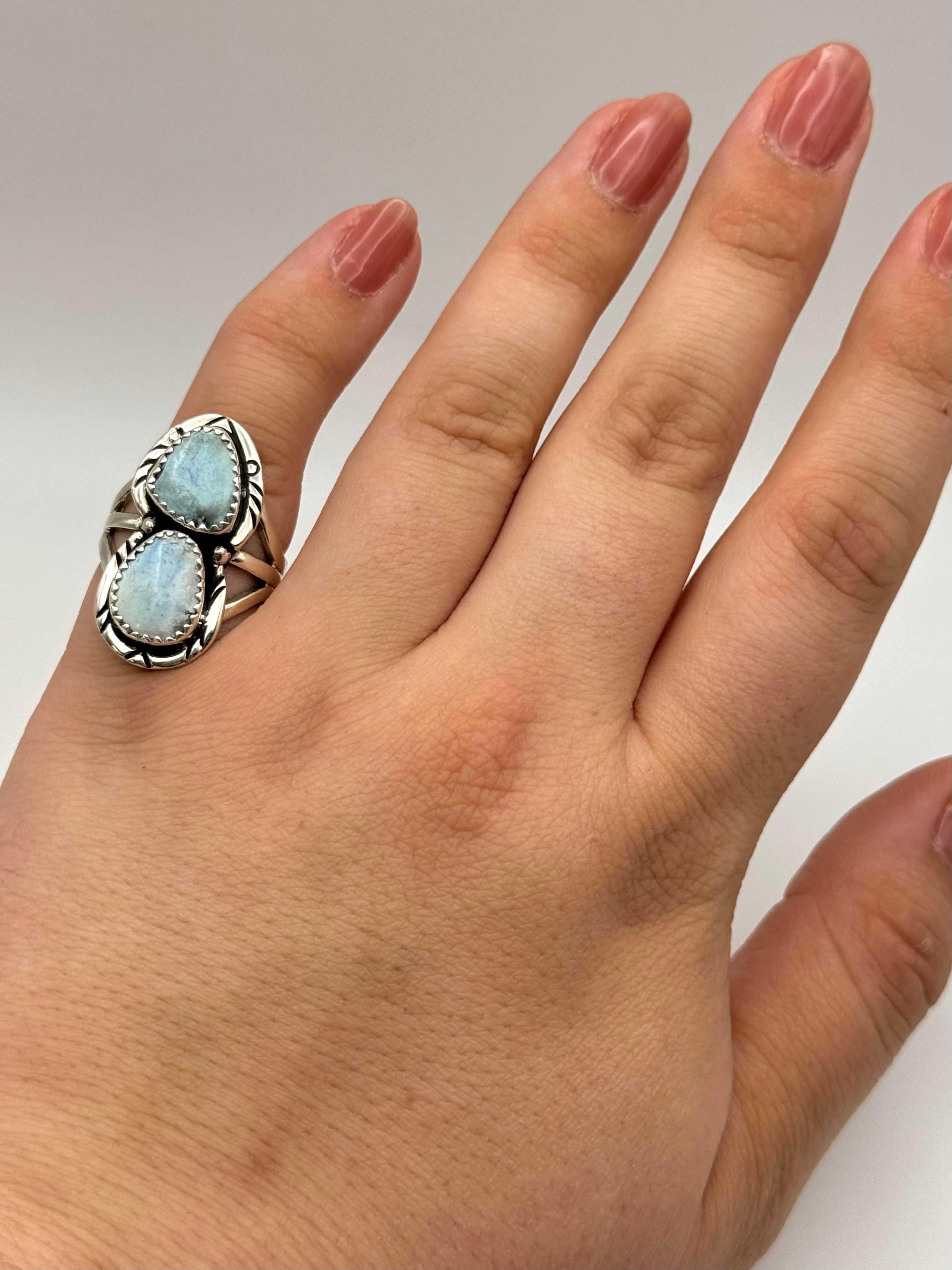 •GOLDEN HILL TURQUOISE - 3• Navajo silver double stone ring (size 6.5)