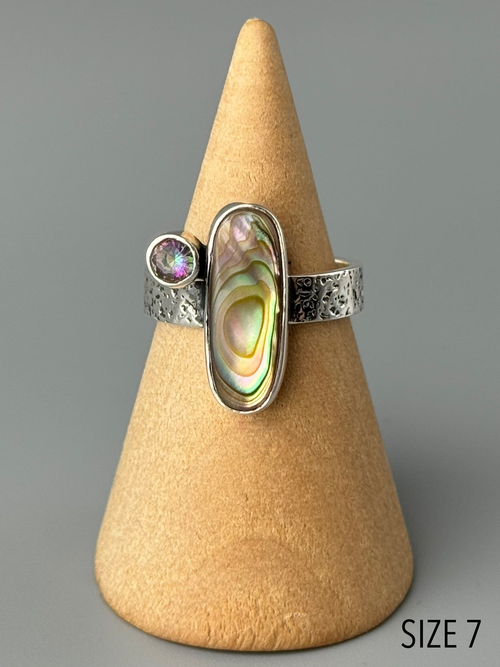 •ABALONE + MYSTIC QUARTZ - ORIGIN• textured band silver ring (various sizes)