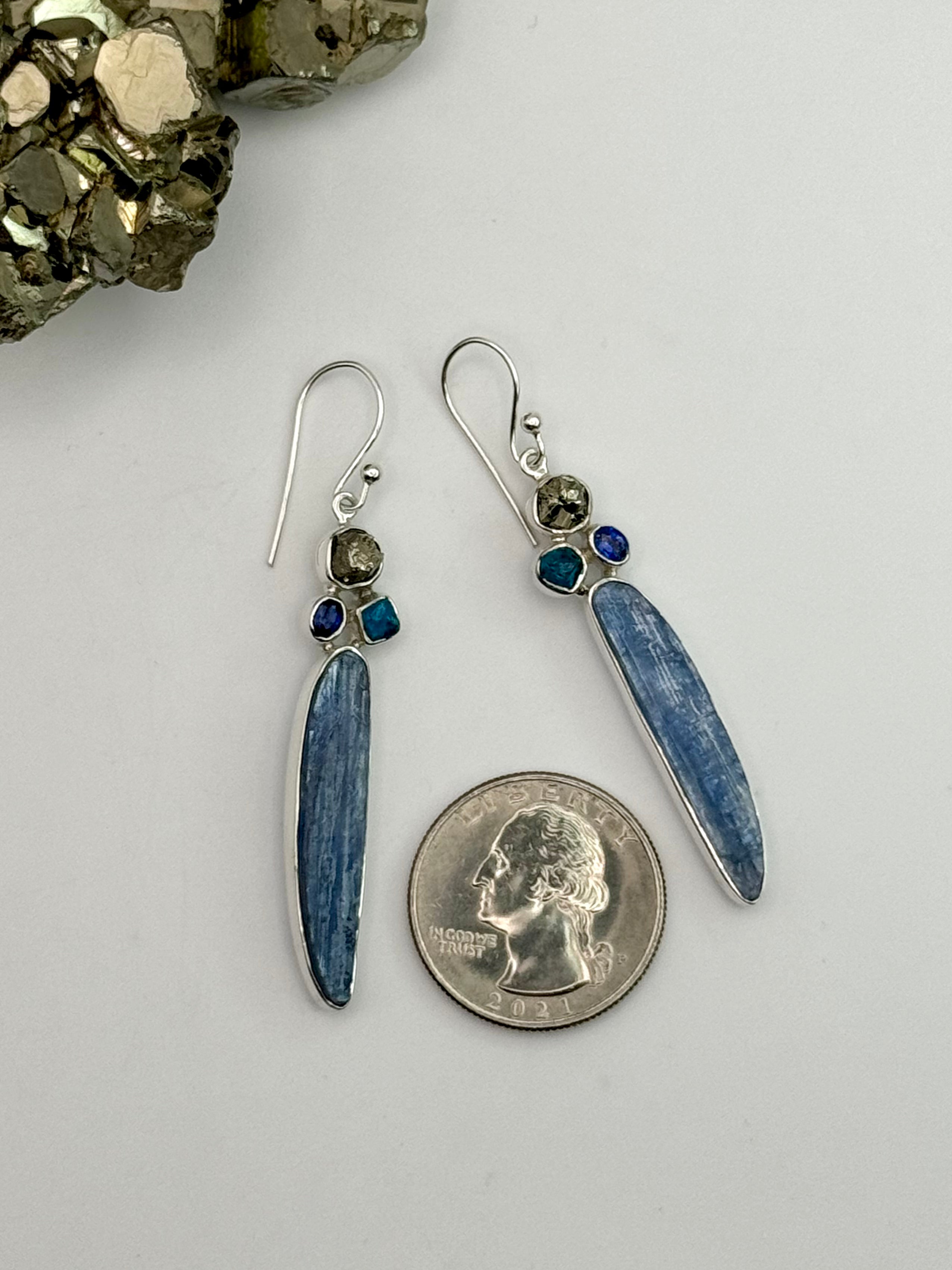 •KYANITE + PYRITE + APATITE• silver dangle earrings