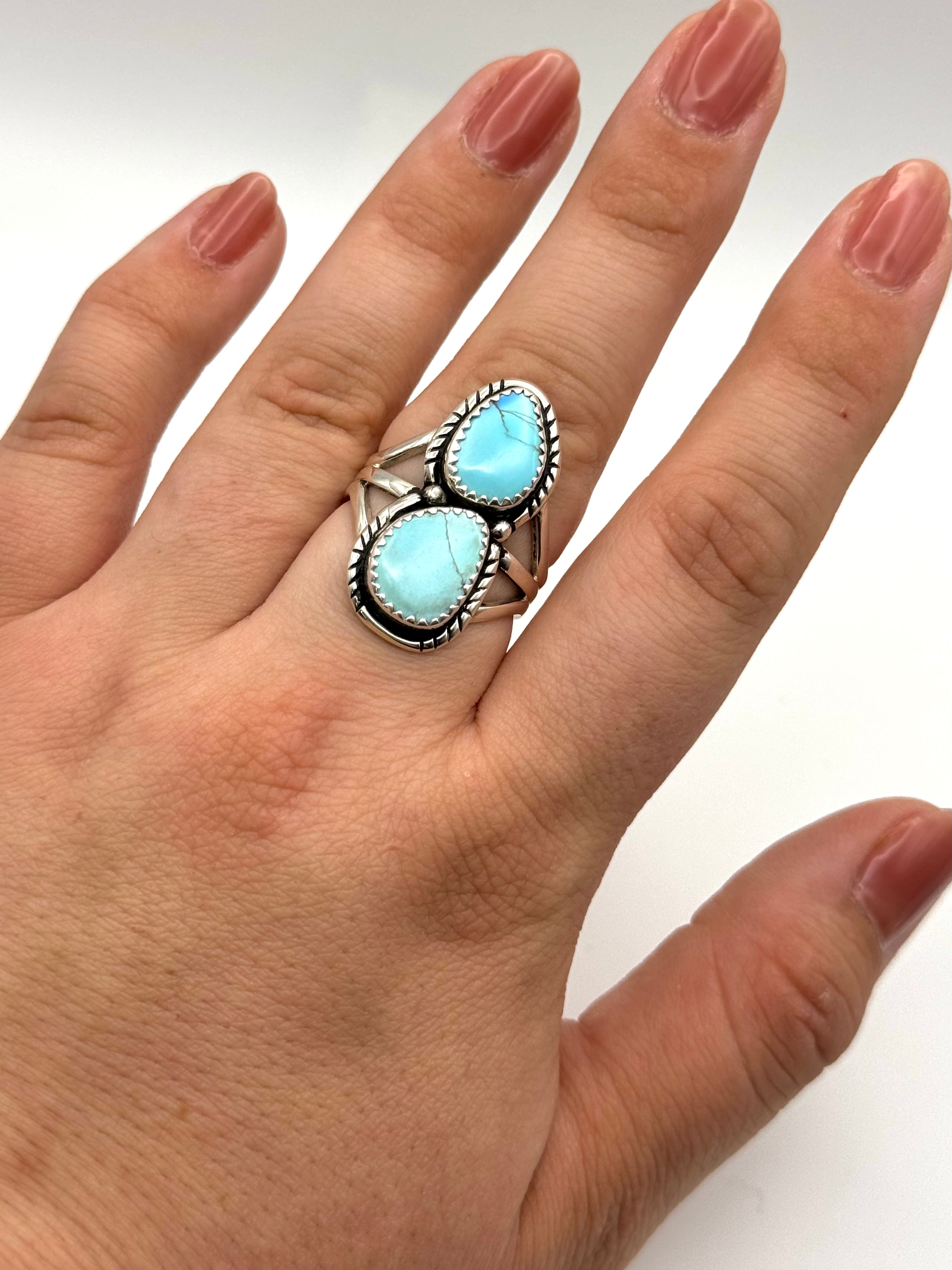 •GOLDEN HILL TURQUOISE - 2• Navajo silver double stone ring (size 9)