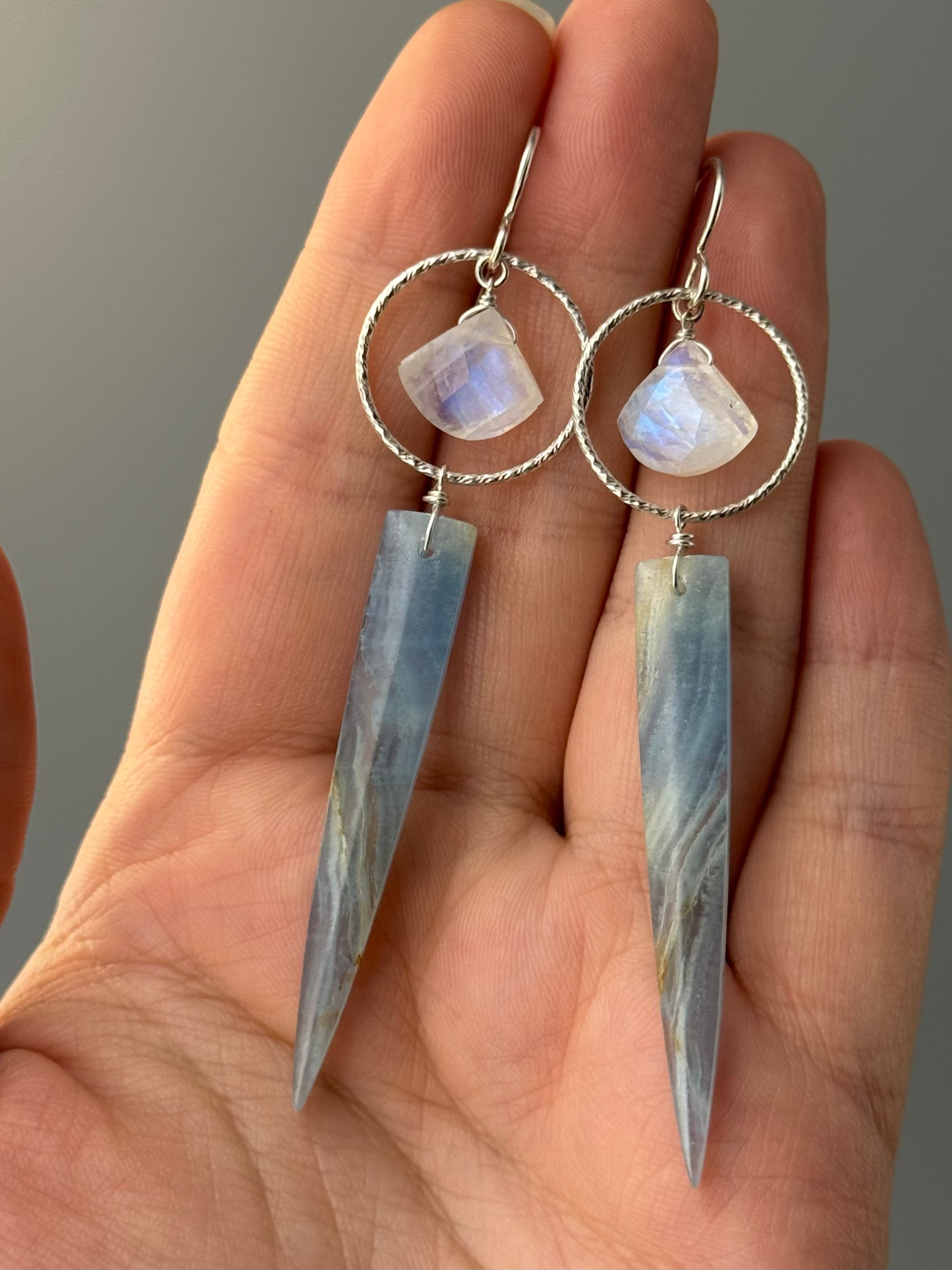 •LUNA• rainbow moonstone + blue calcite silver earrings
