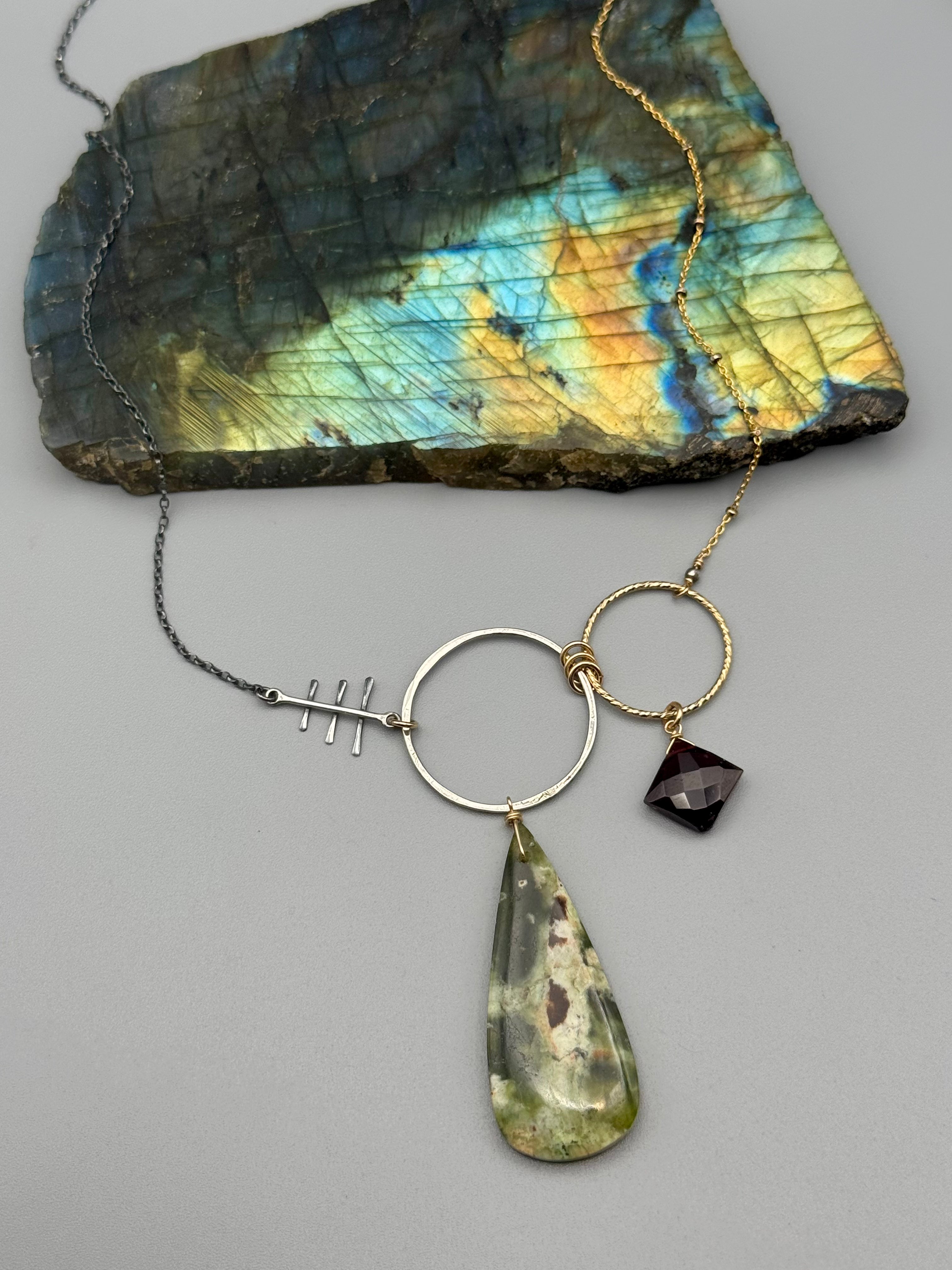 •UNION - INVOKE• chrome chalcedony + garnet mixed metal necklace (18"-20" long)