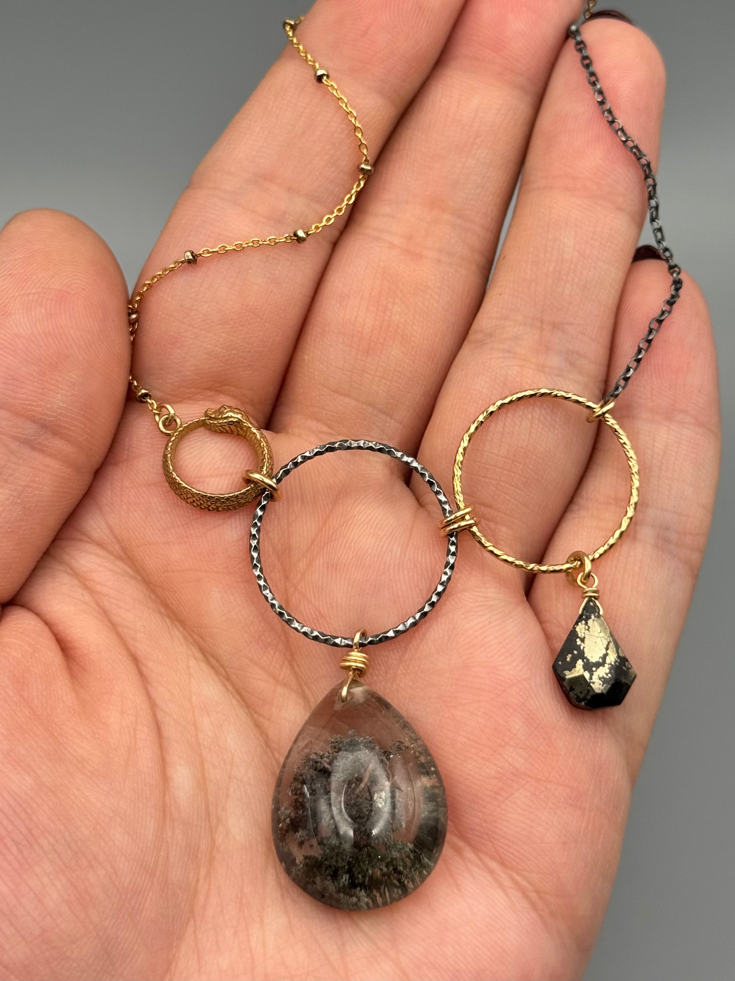 •NĀGA - UNION• lodolite + pyrite mixed metal necklace (16"-18" long)