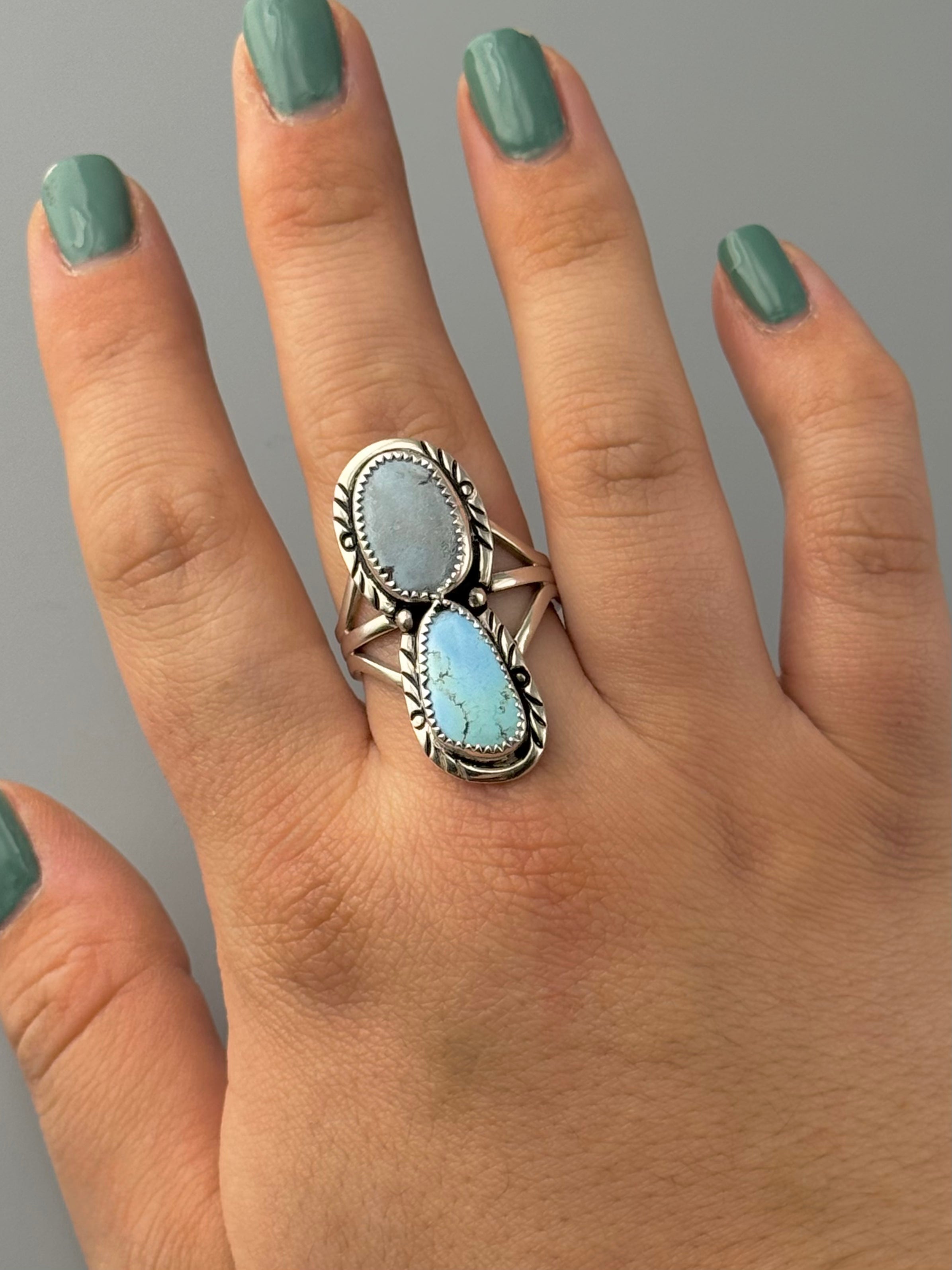 •GOLDEN HILL TURQUOISE - NAAKI• Navajo silver ring (size 10.25)