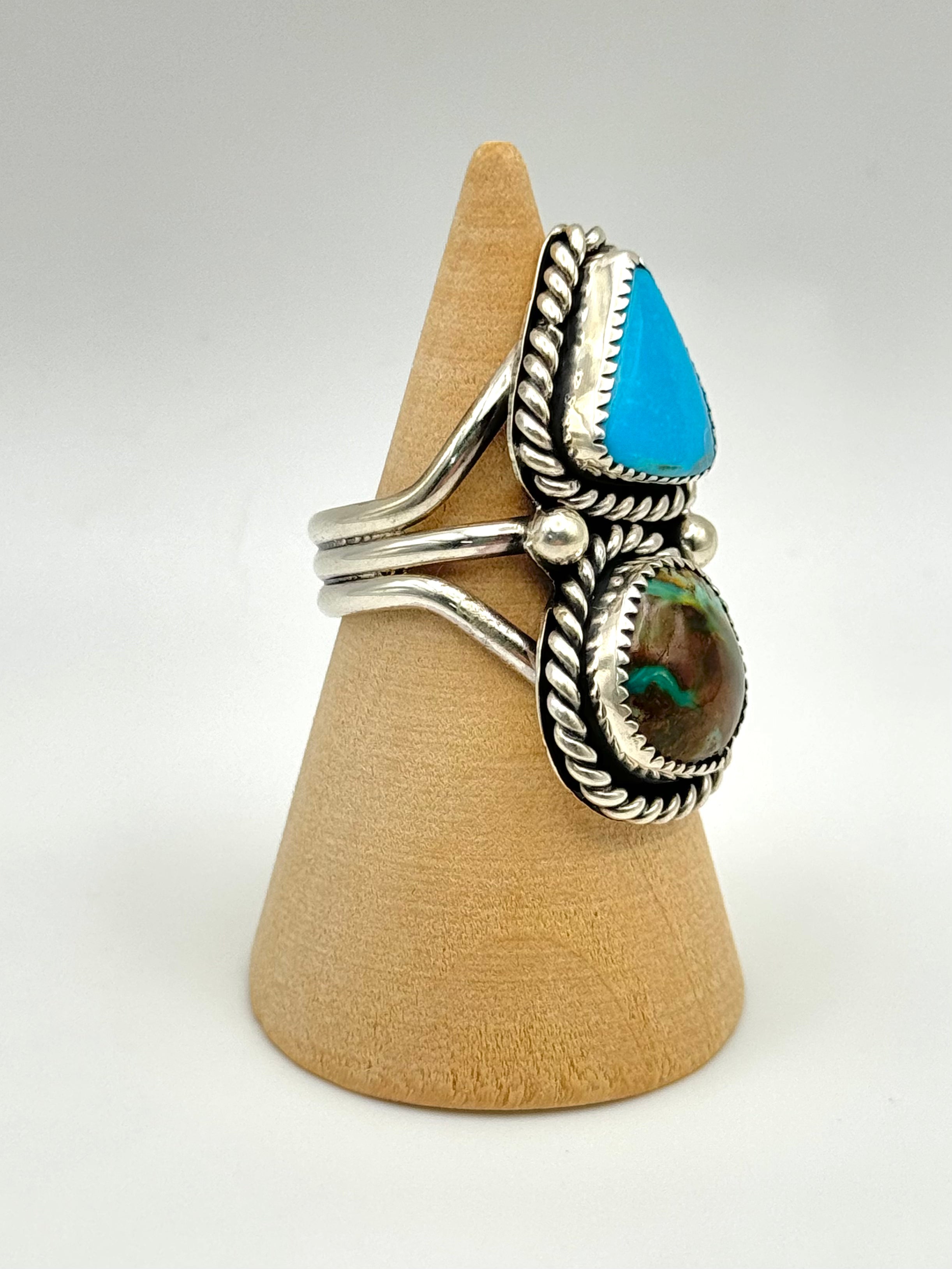 •TURQUOISE DUO• Navajo silver double stone ring (size 8)