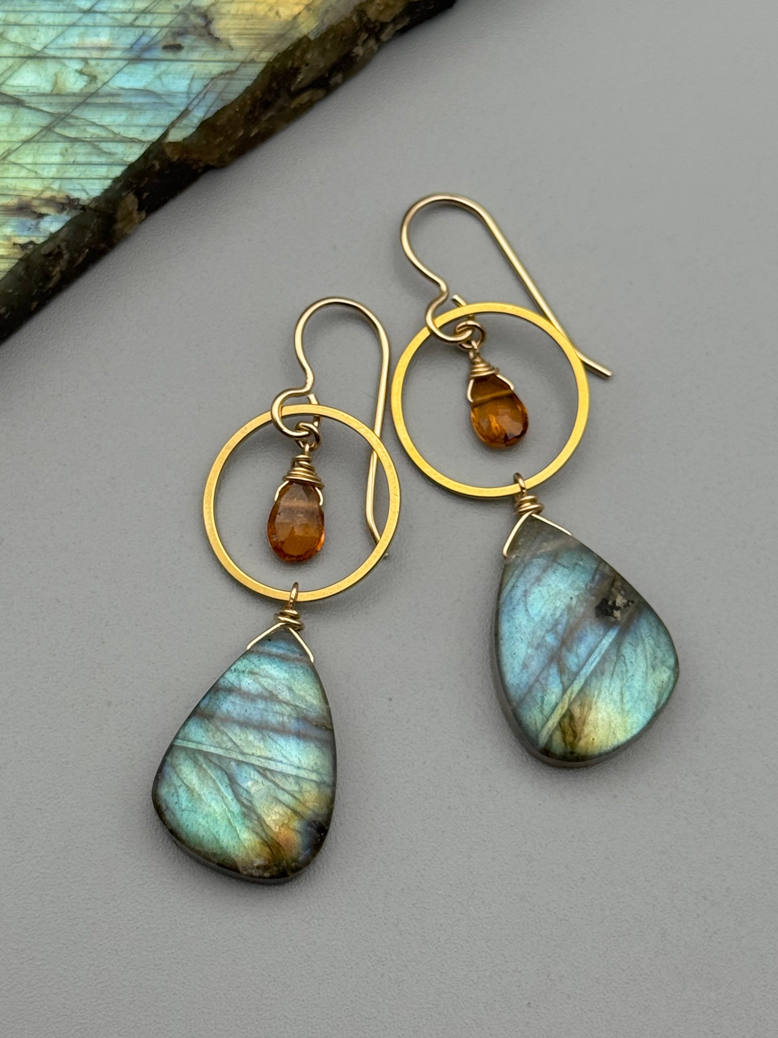 •LUNA• hessonite garnet + labradorite gold earrings