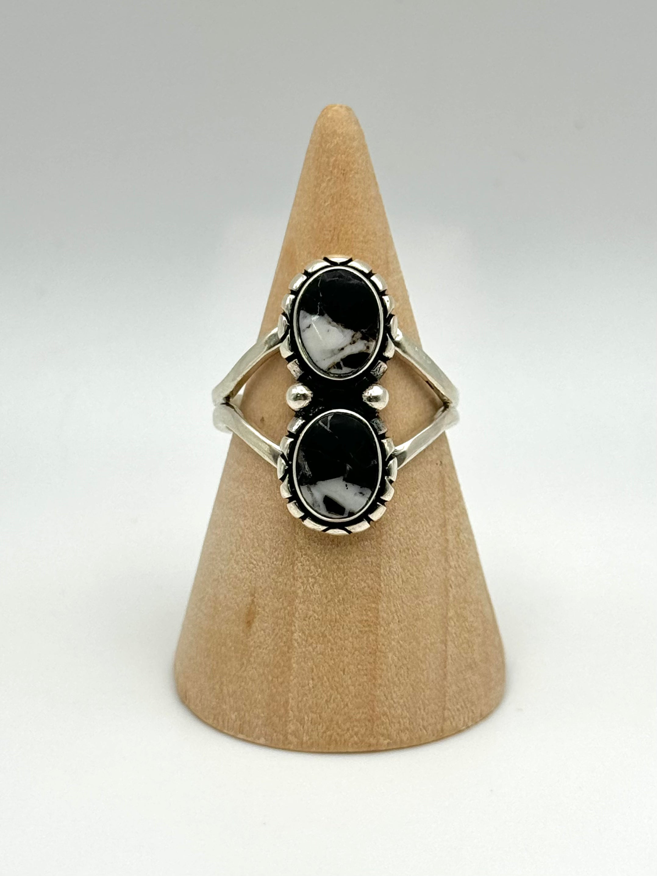 •WHITE BUFFALO TURQUOISE• Navajo silver double stone ring (size 9.5)