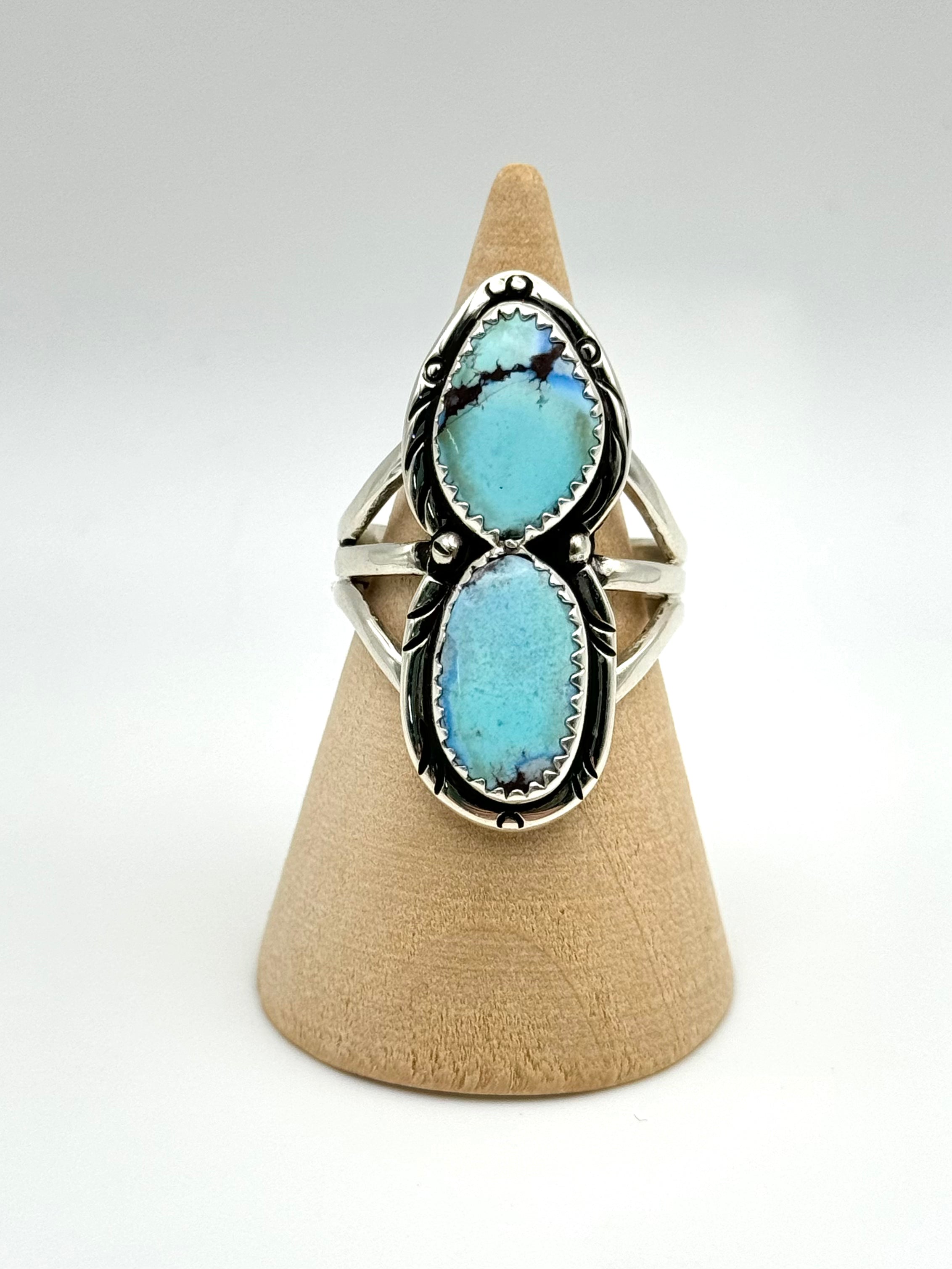 •GOLDEN HILL TURQUOISE - 1• Navajo silver double stone ring (size 8.75)