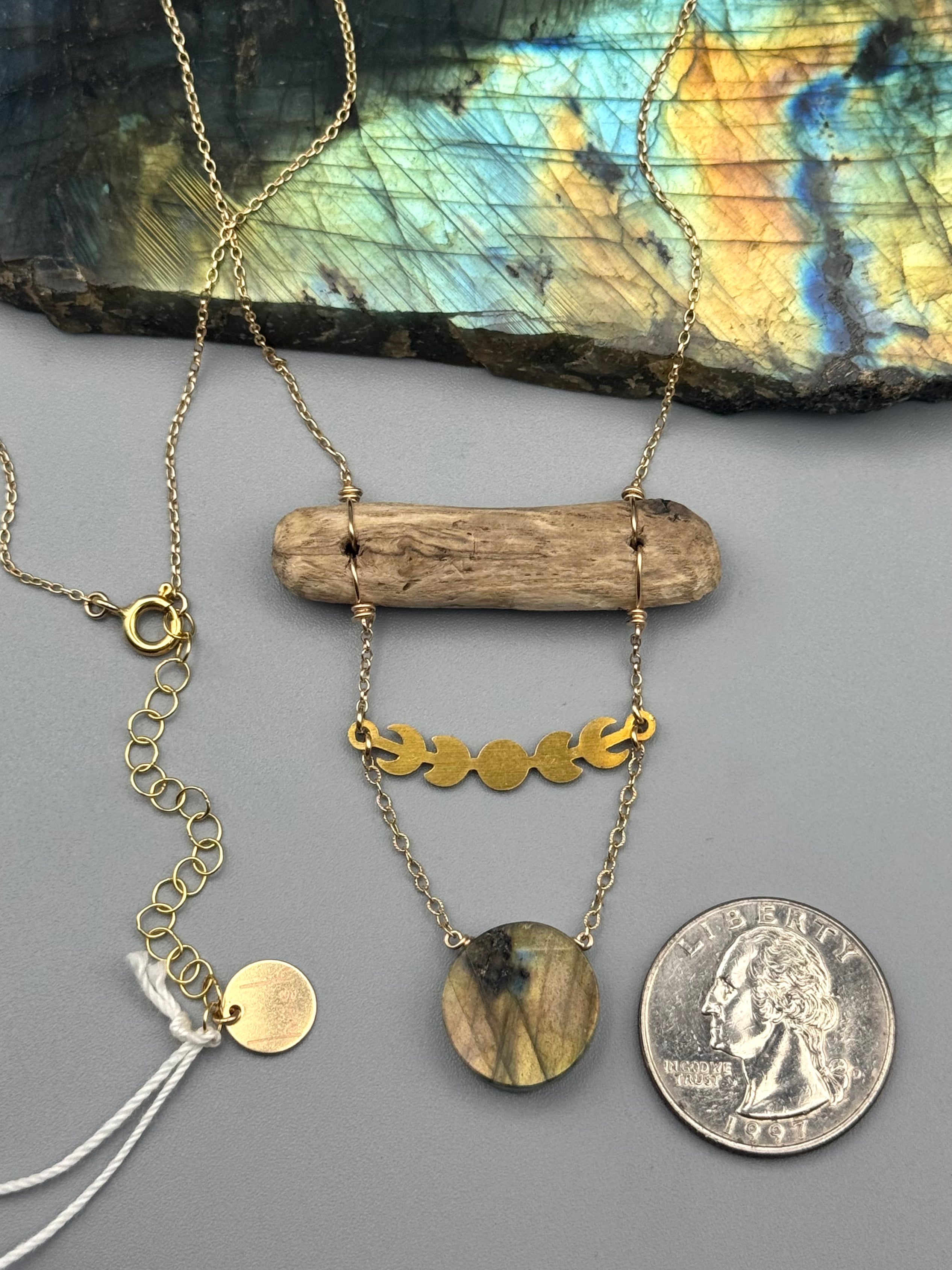 •TOTEM• golden labradorite coin + gold necklace (17"-19" long)