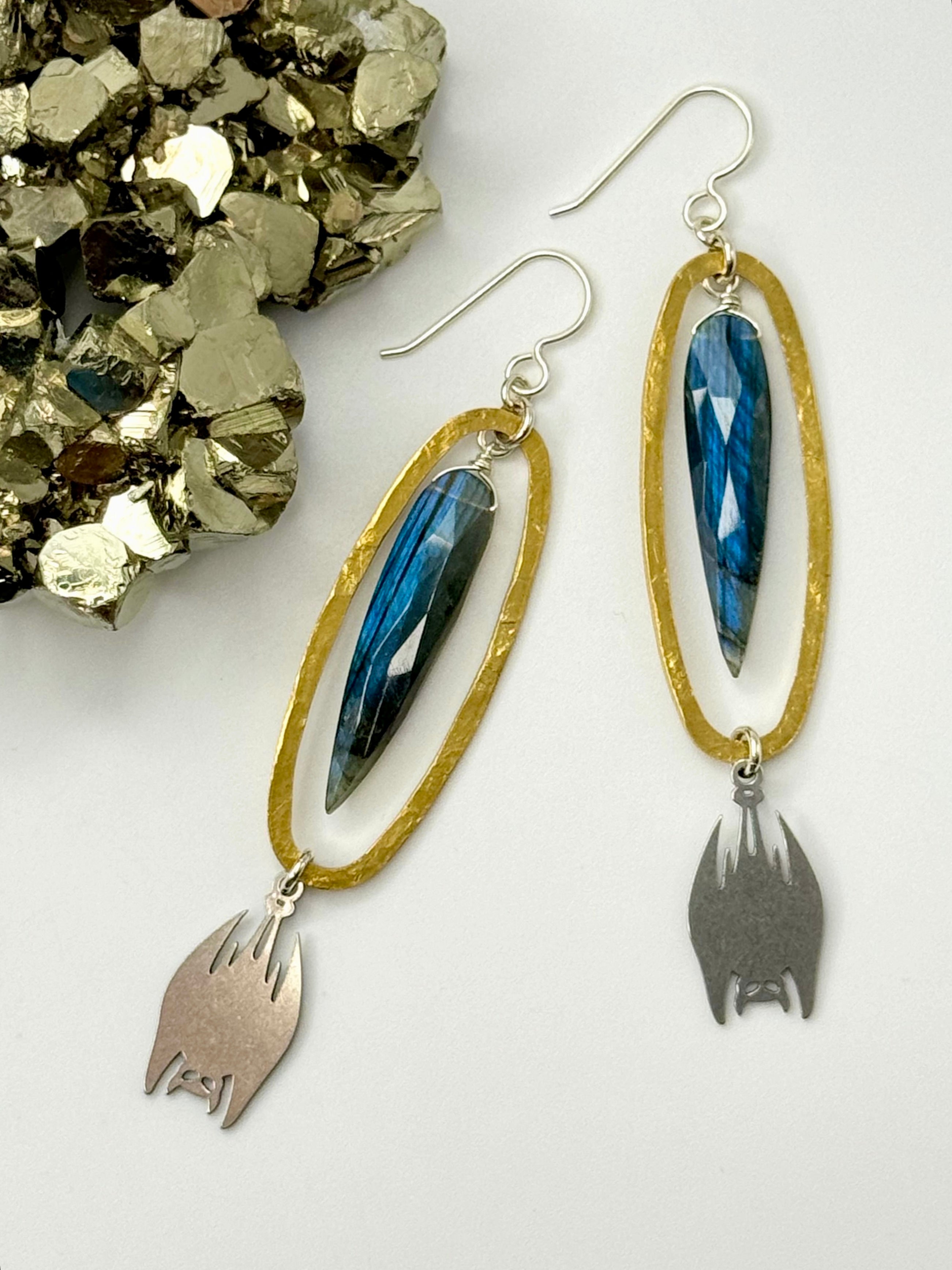 •DESMODONTINAE FANGS• labradorite + mixed metal dangle earrings