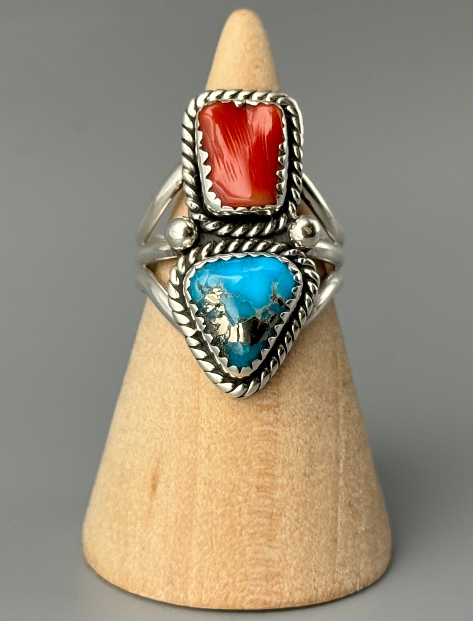 •PYRITIZED TURQUOISE & CORAL - NAAKI• Navajo silver ring (size 7.75)