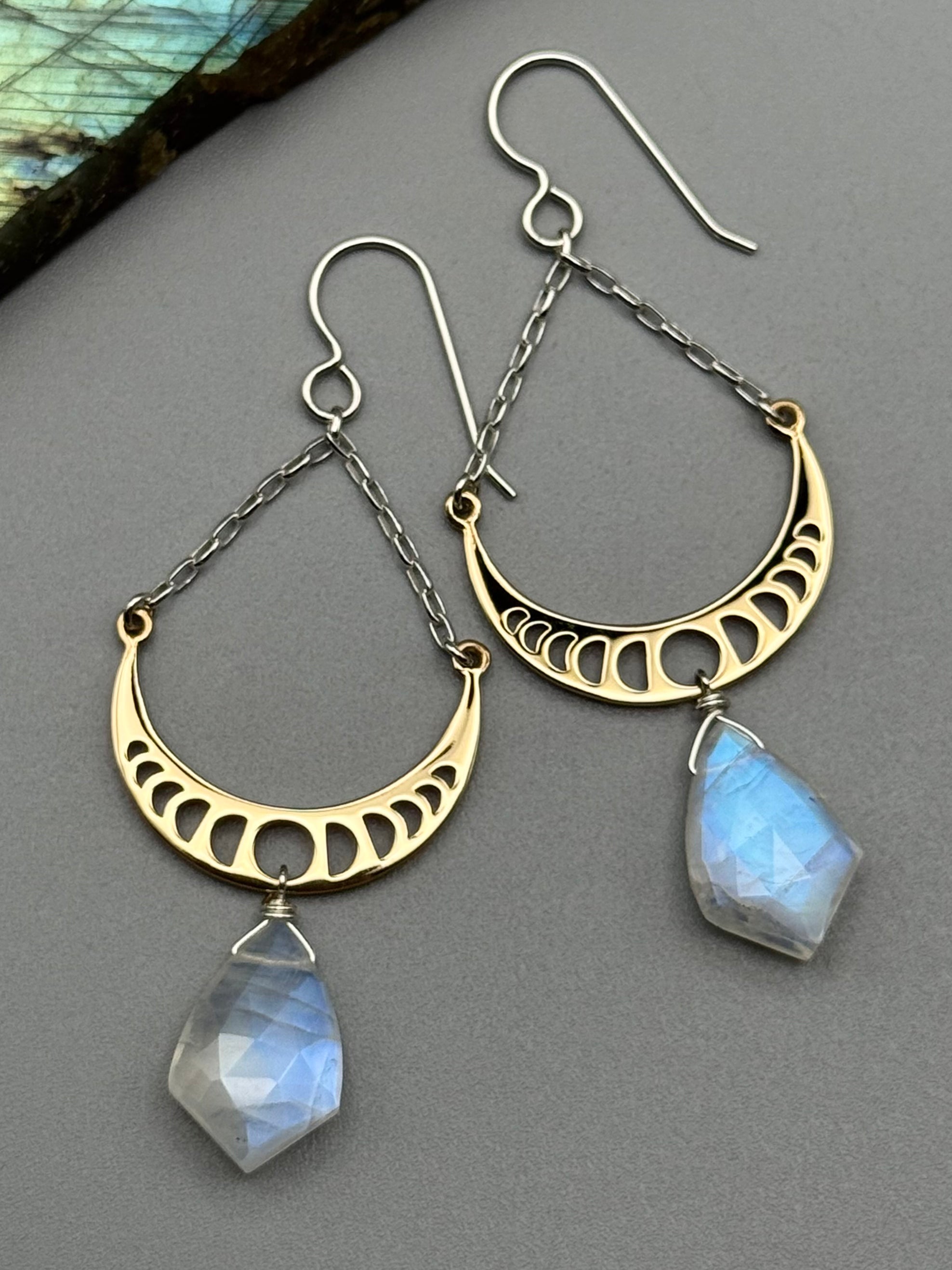 •MOON PHASE SWING• rainbow moonstone + mixed metal earrings