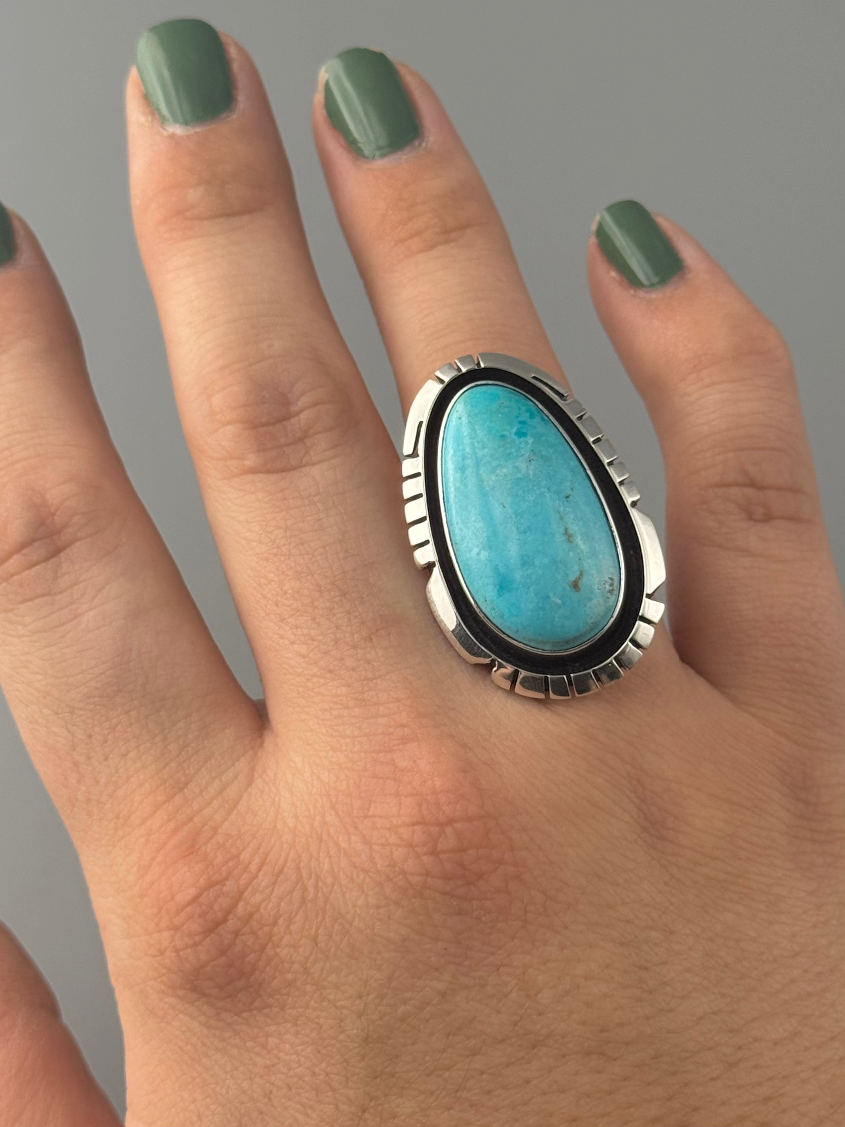 •KINGMAN TURQUOISE - STORM• Navajo silver ring (size 8.25)