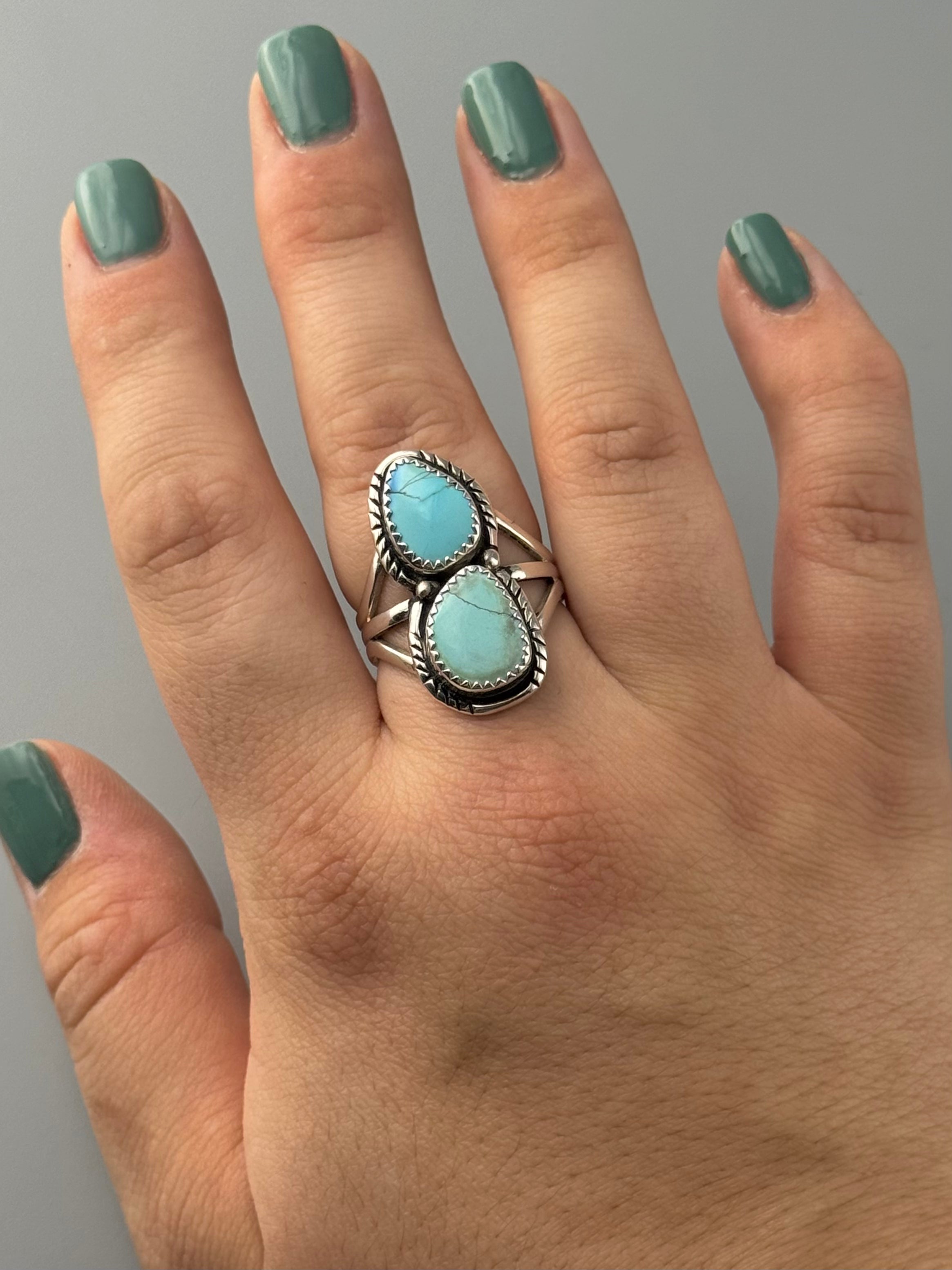 •GOLDEN HILL TURQUOISE - NAAKI - 2• Navajo silver ring (size 9)