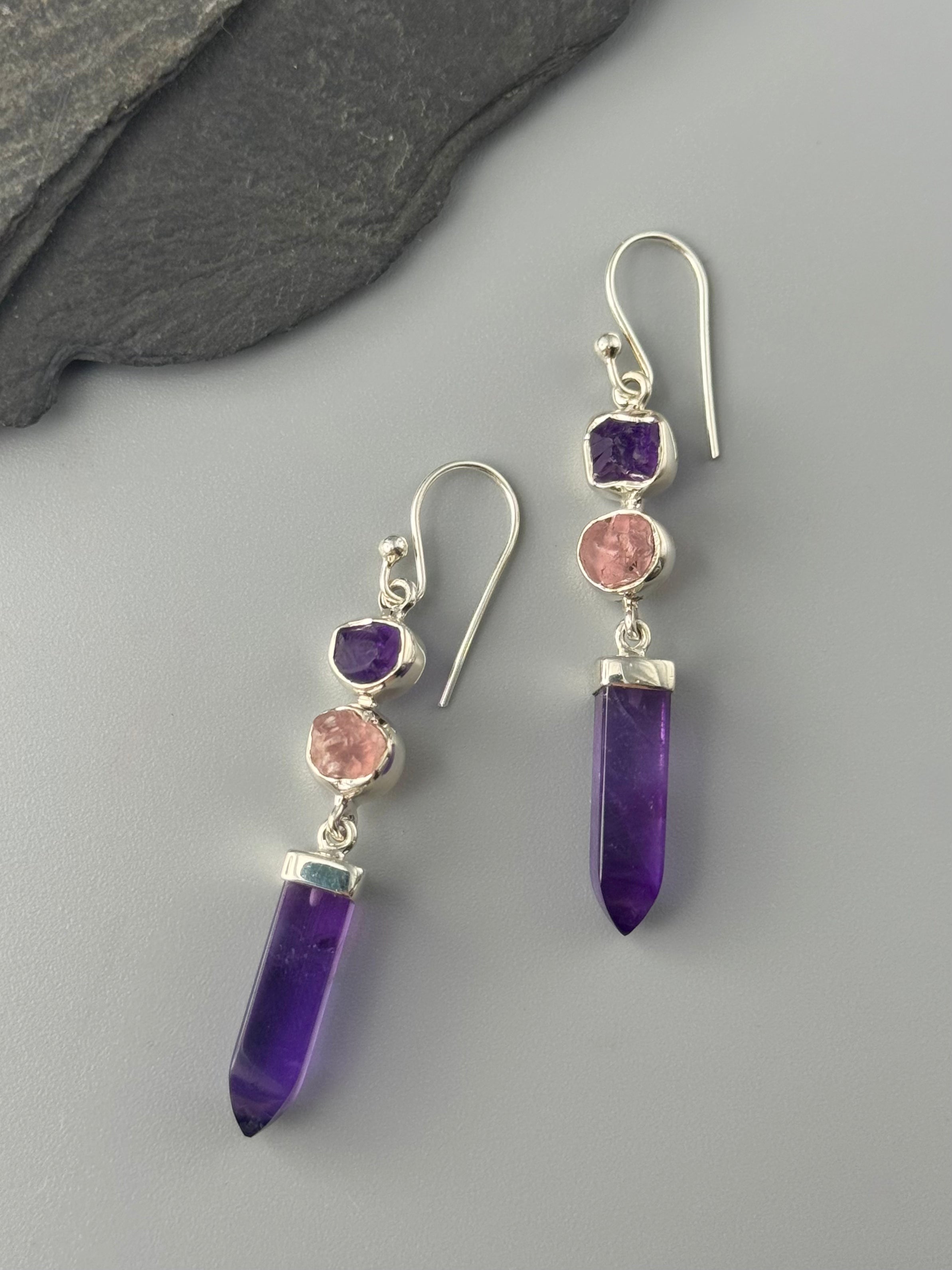 •AMETHYST POINT + ROSE QUARTZ• silver dangle earrings