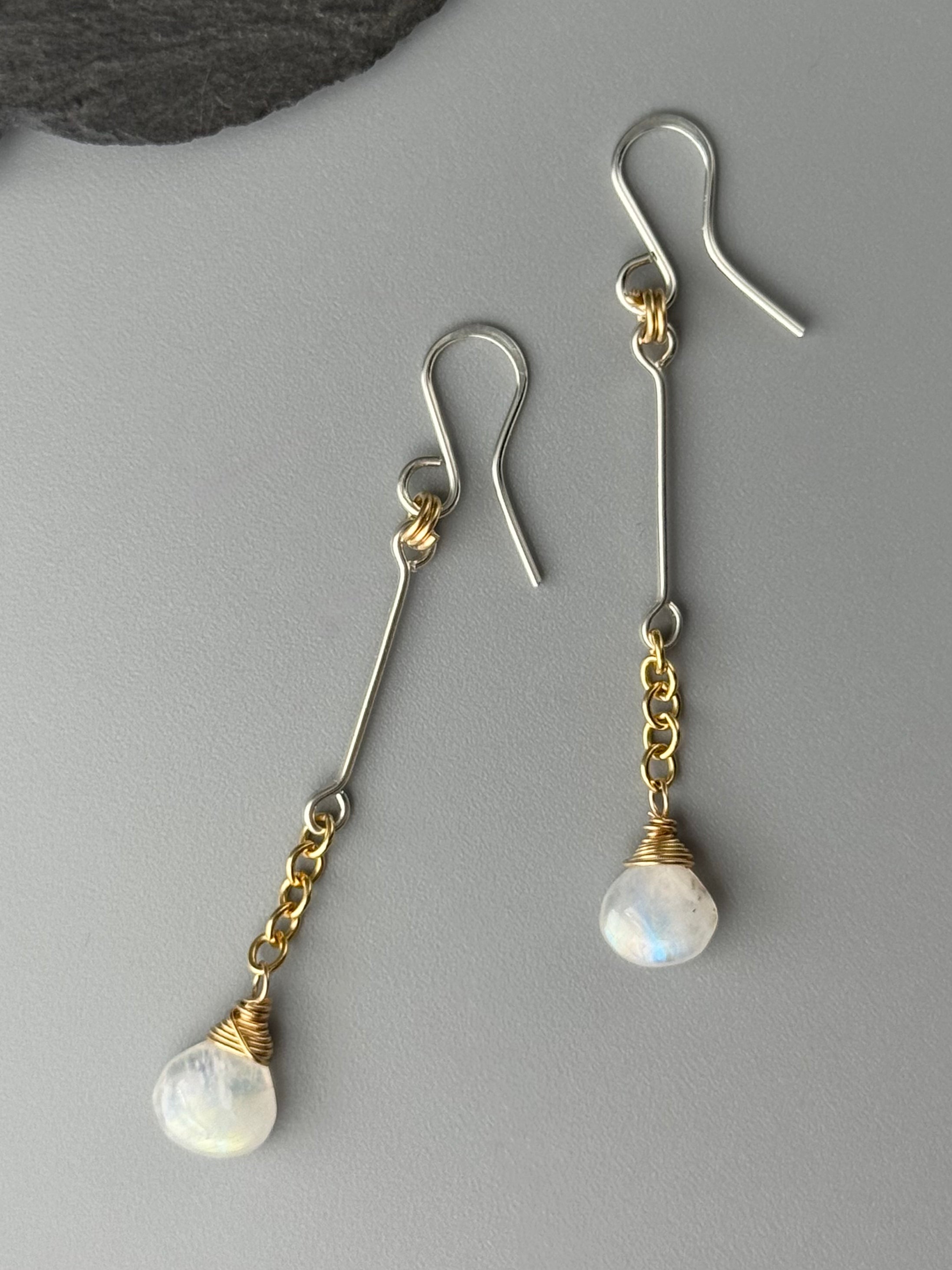 •LINEAR DROP• rainbow moonstone + mixed metal dangle earrings