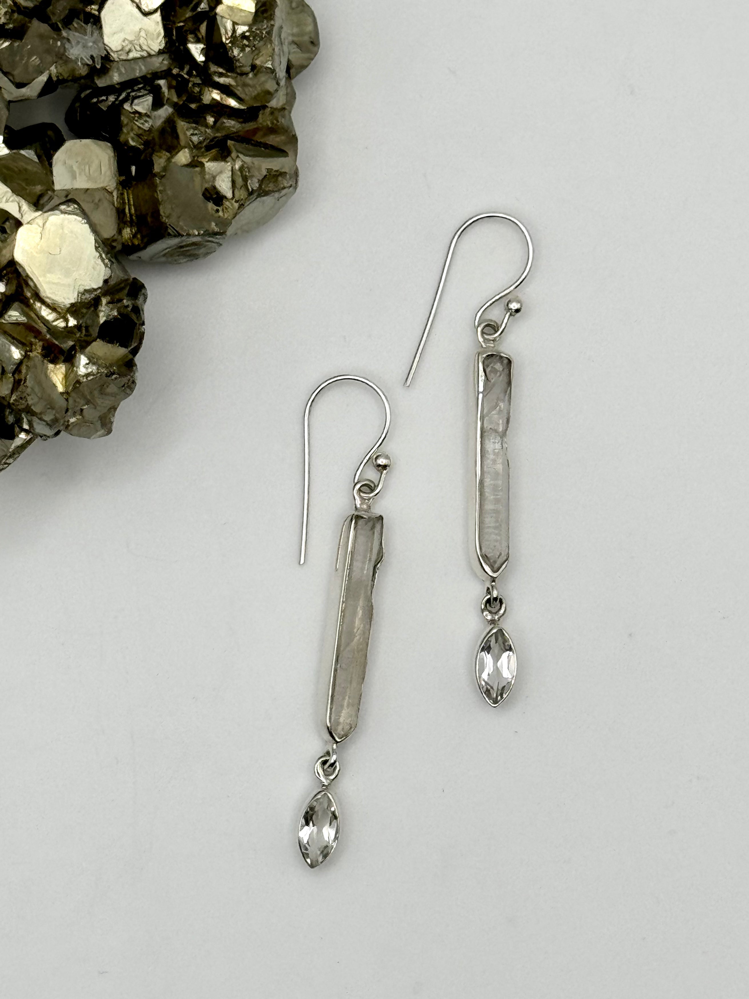 •CLEAR QUARTZ + WHITE TOPAZ - STICK DROP• silver dangle earrings