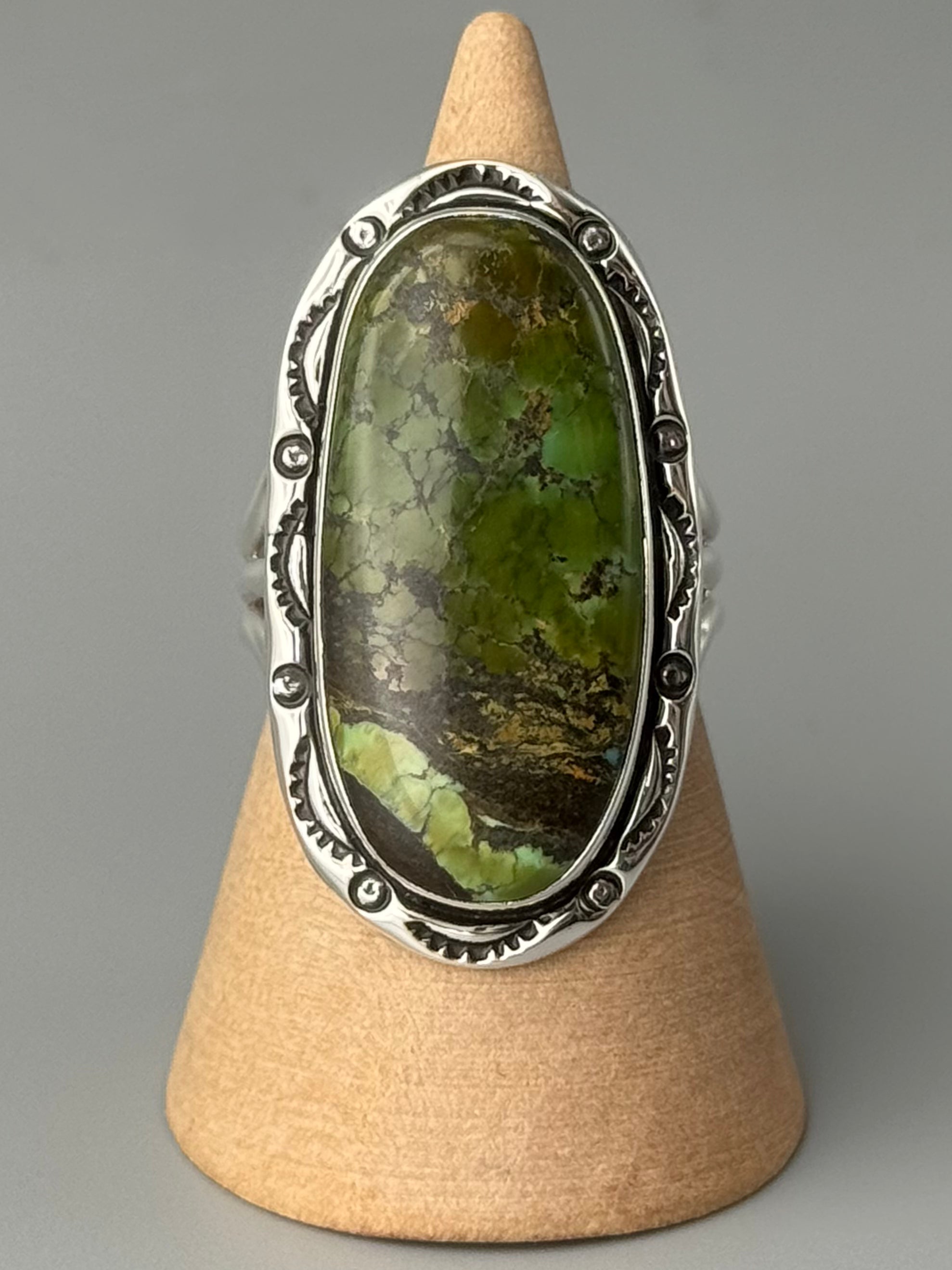 •BLACKJACK TURQUOISE - SHÁ• Navajo silver ring (size 10.25)