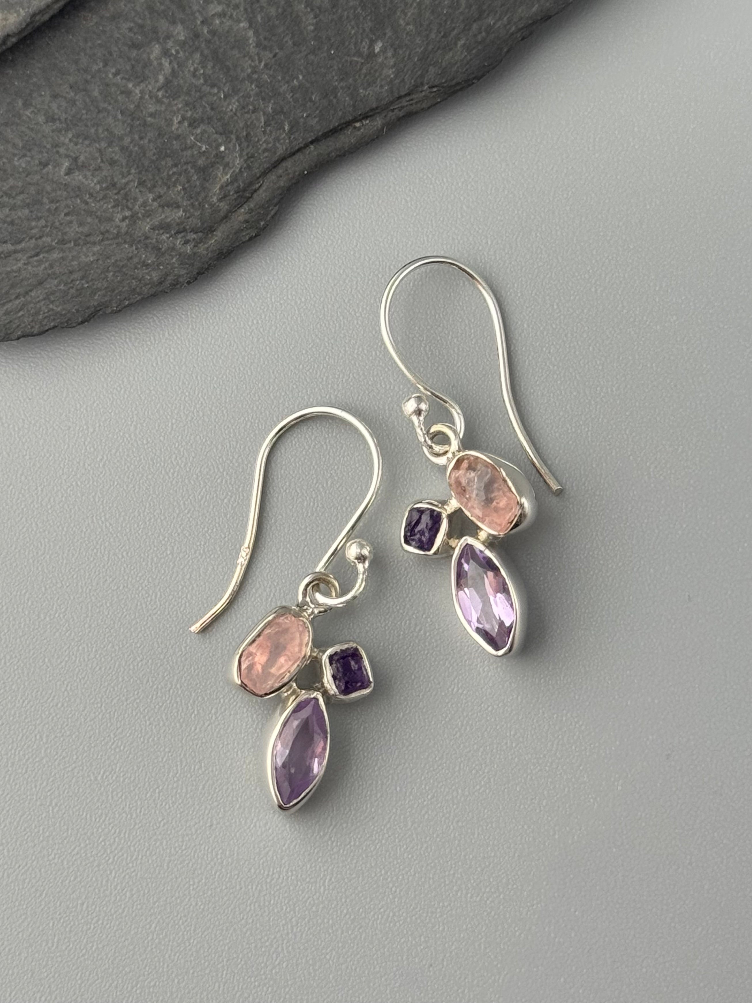 •AMETHYST + ROSE QUARTZ - MARQUISE STACK• silver dangle earrings