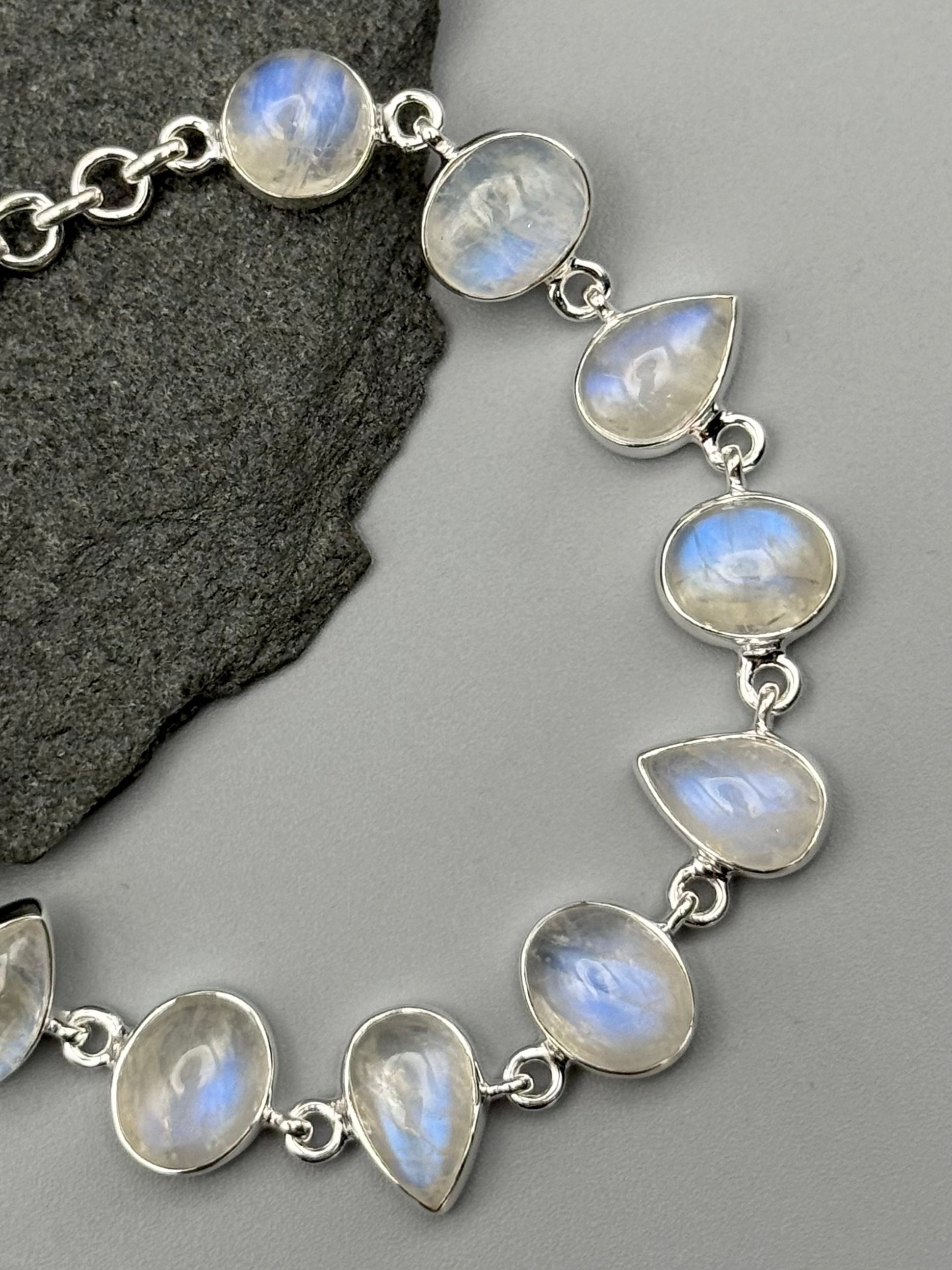 •RAINBOW MOONSTONE - GEO MIX• linked silver bracelet (7.5" - 9")