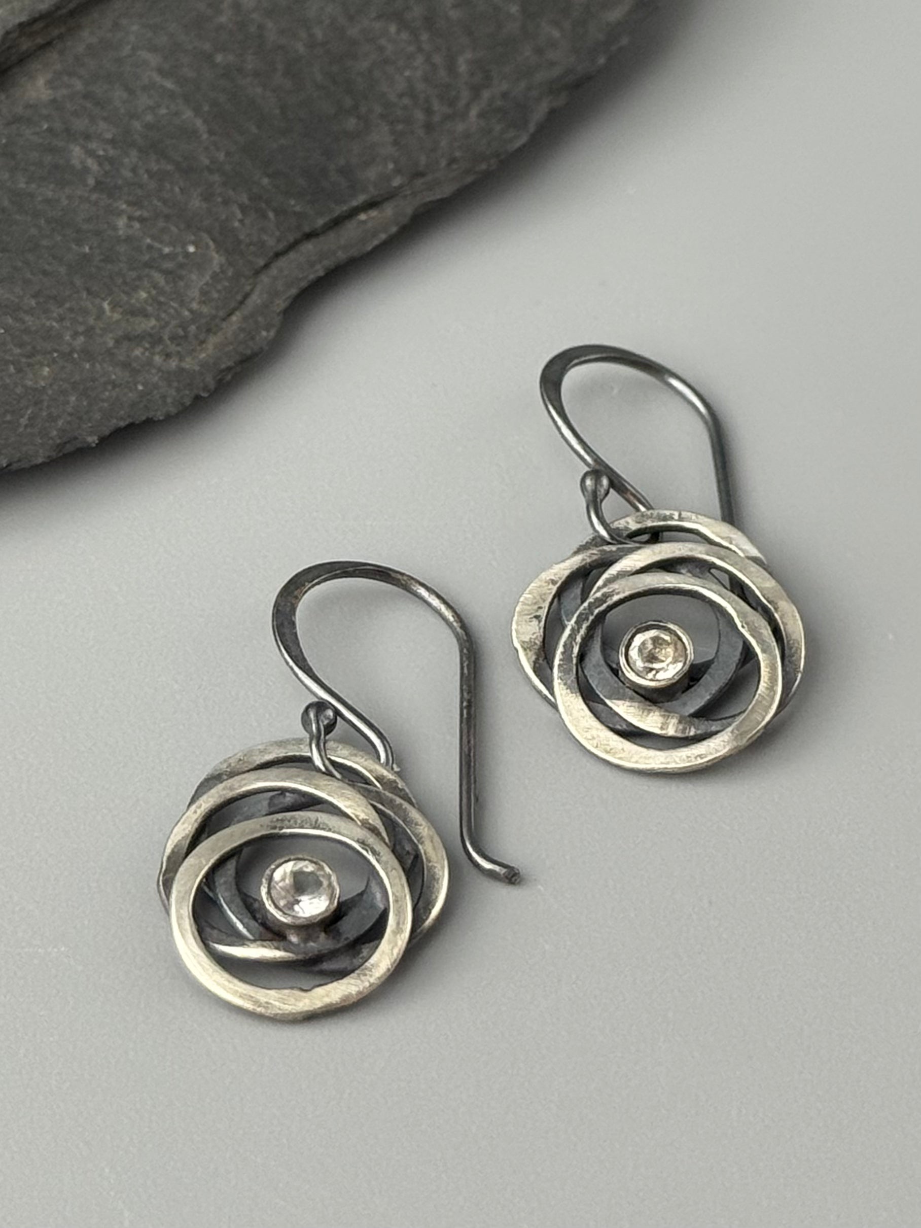 •TINY GALAXY• white topaz + oxidized silver earrings