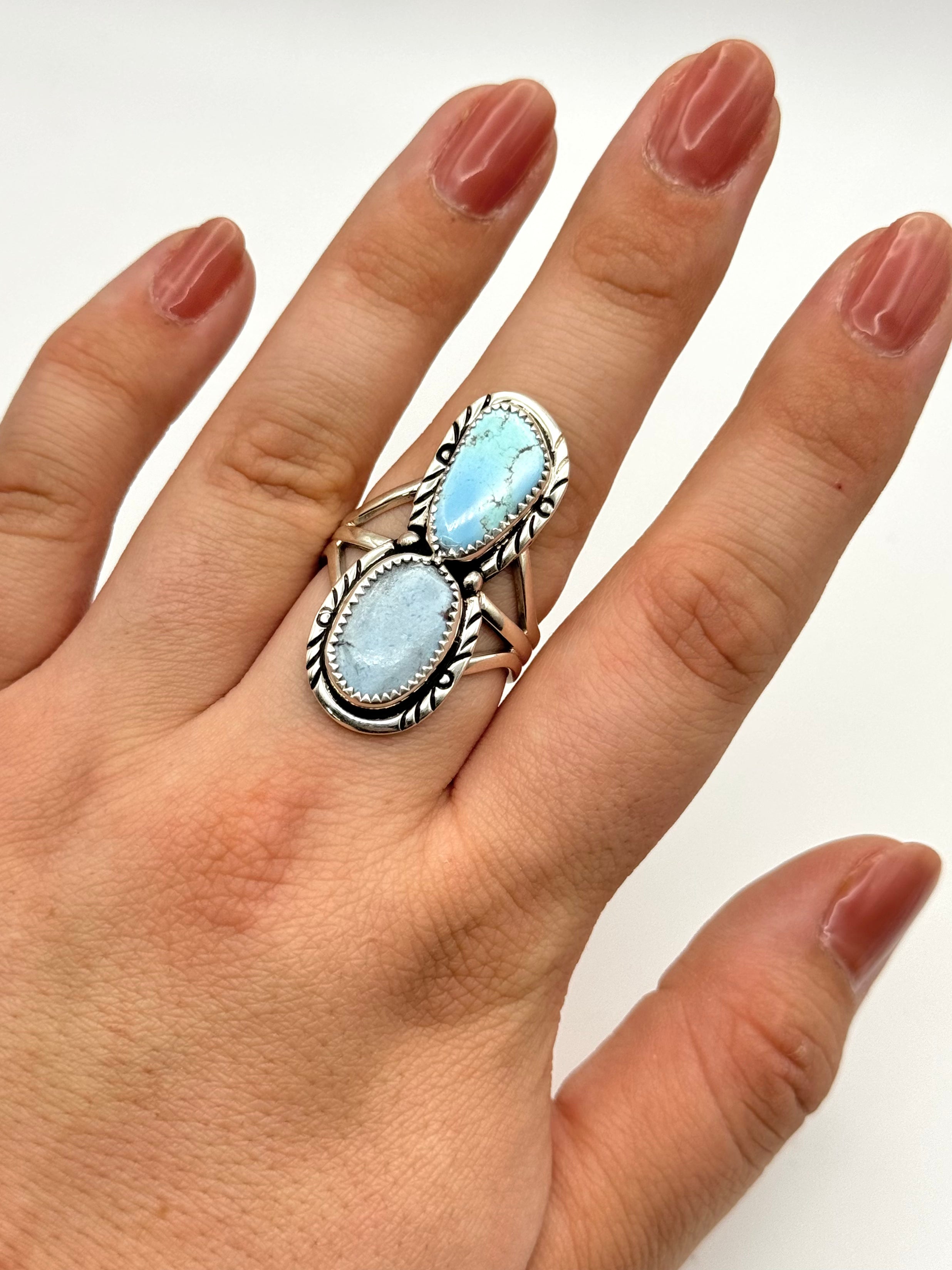 •GOLDEN HILL TURQUOISE• Navajo silver double stone ring (size 10.25)