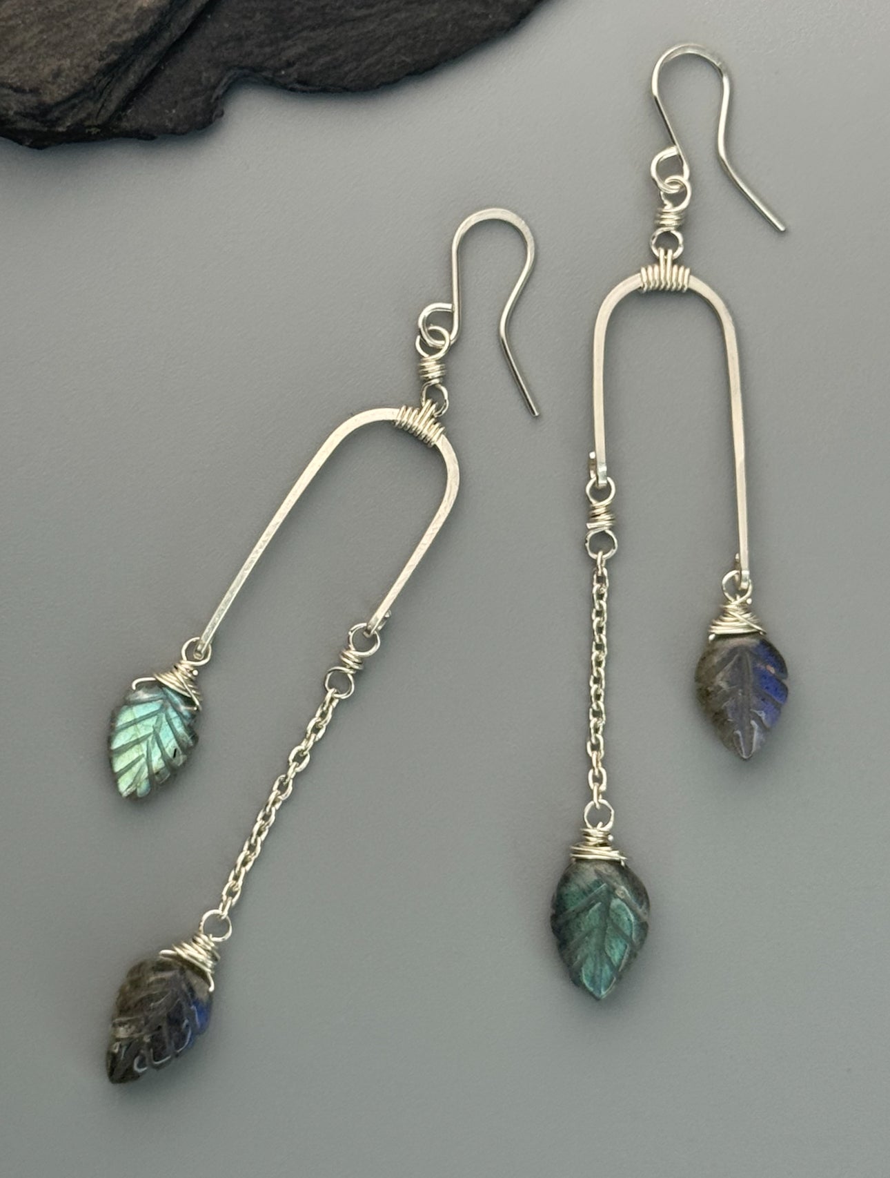 •BALANCING ACT• labradorite leaves + silver dangle earrings