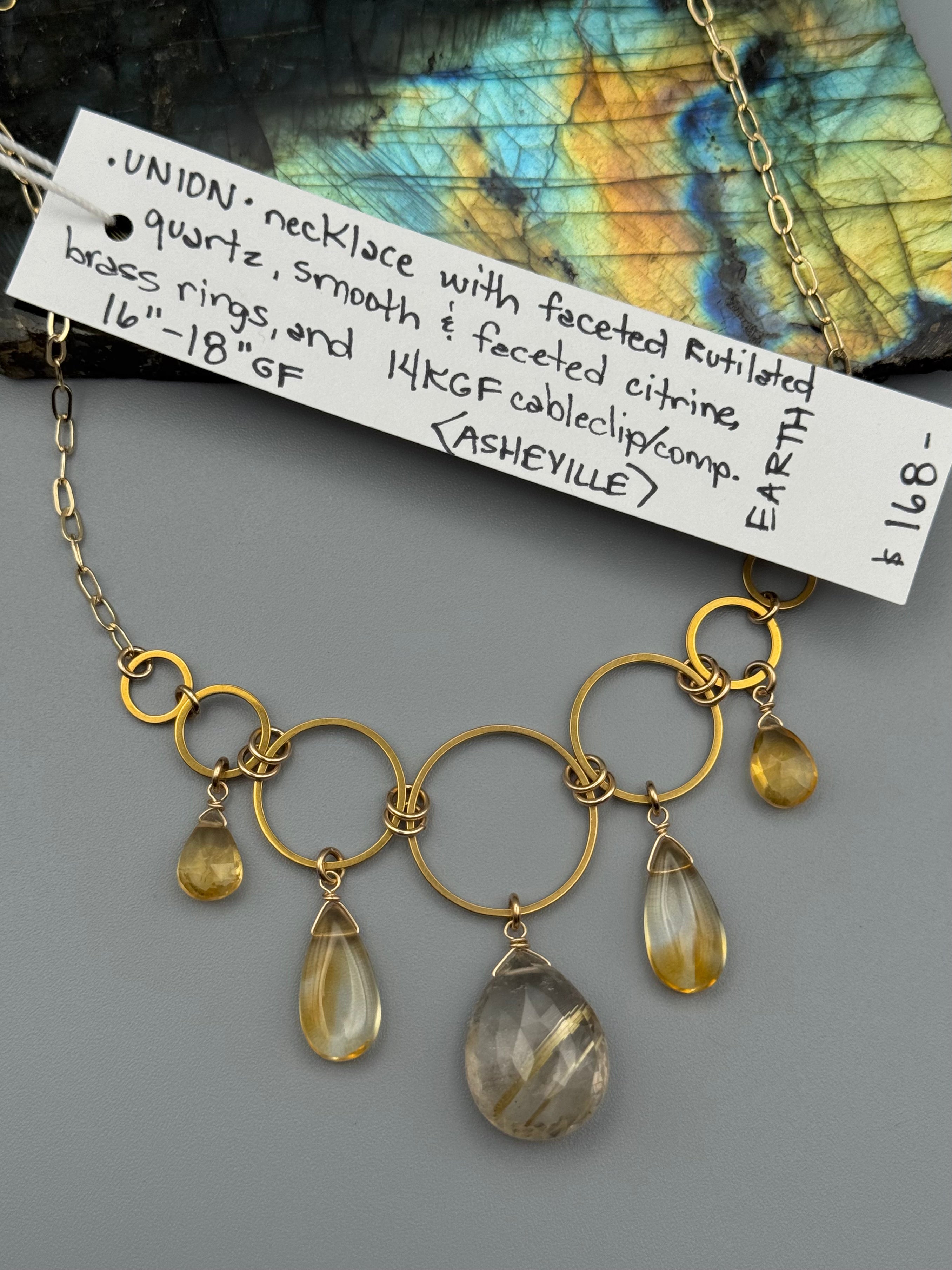 •UNION• rutilated quartz + citrine gold necklace (16"-18" long)