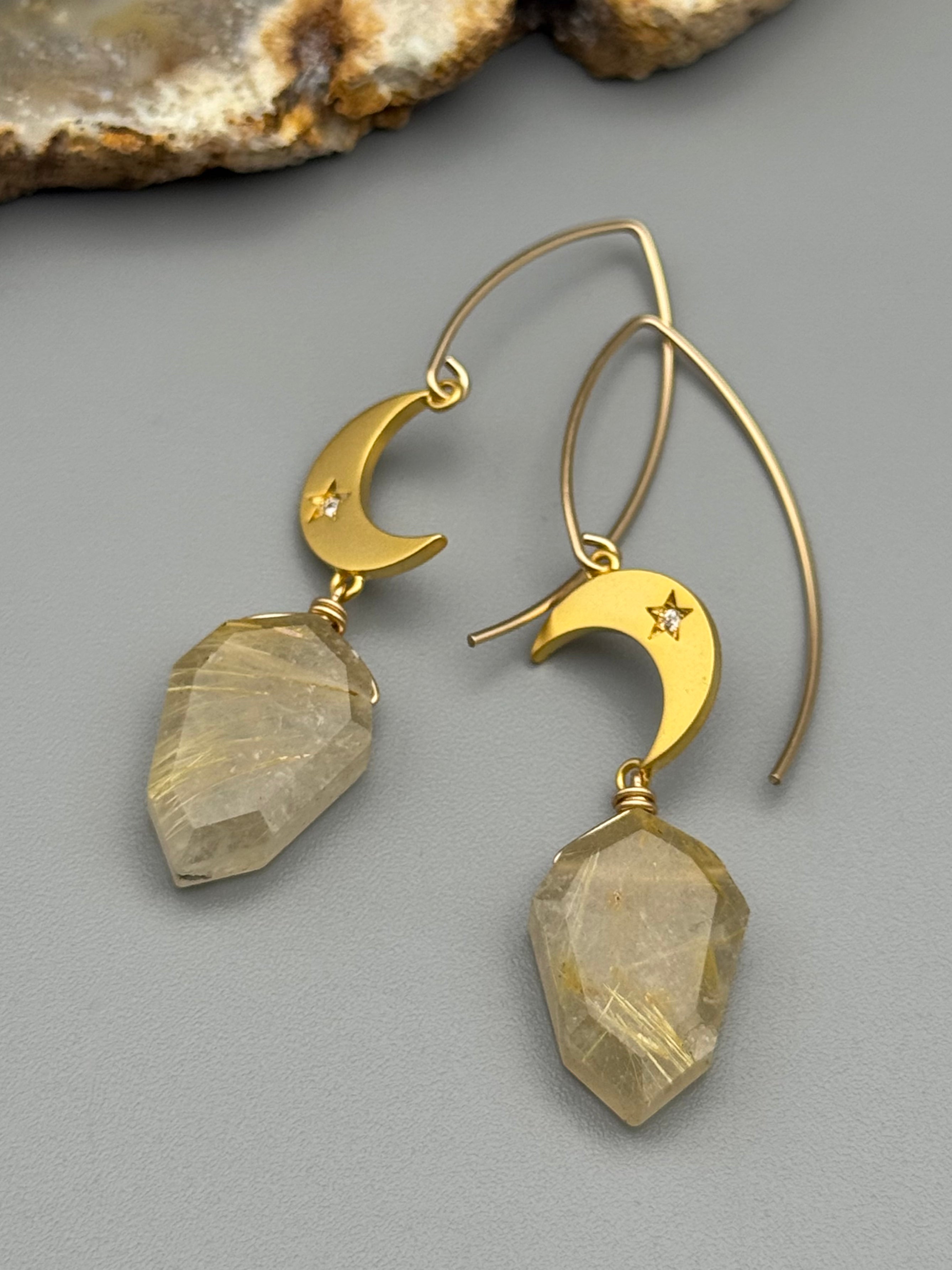 •CRYSTAL CRESCENT• rutilated quartz + gold earrings