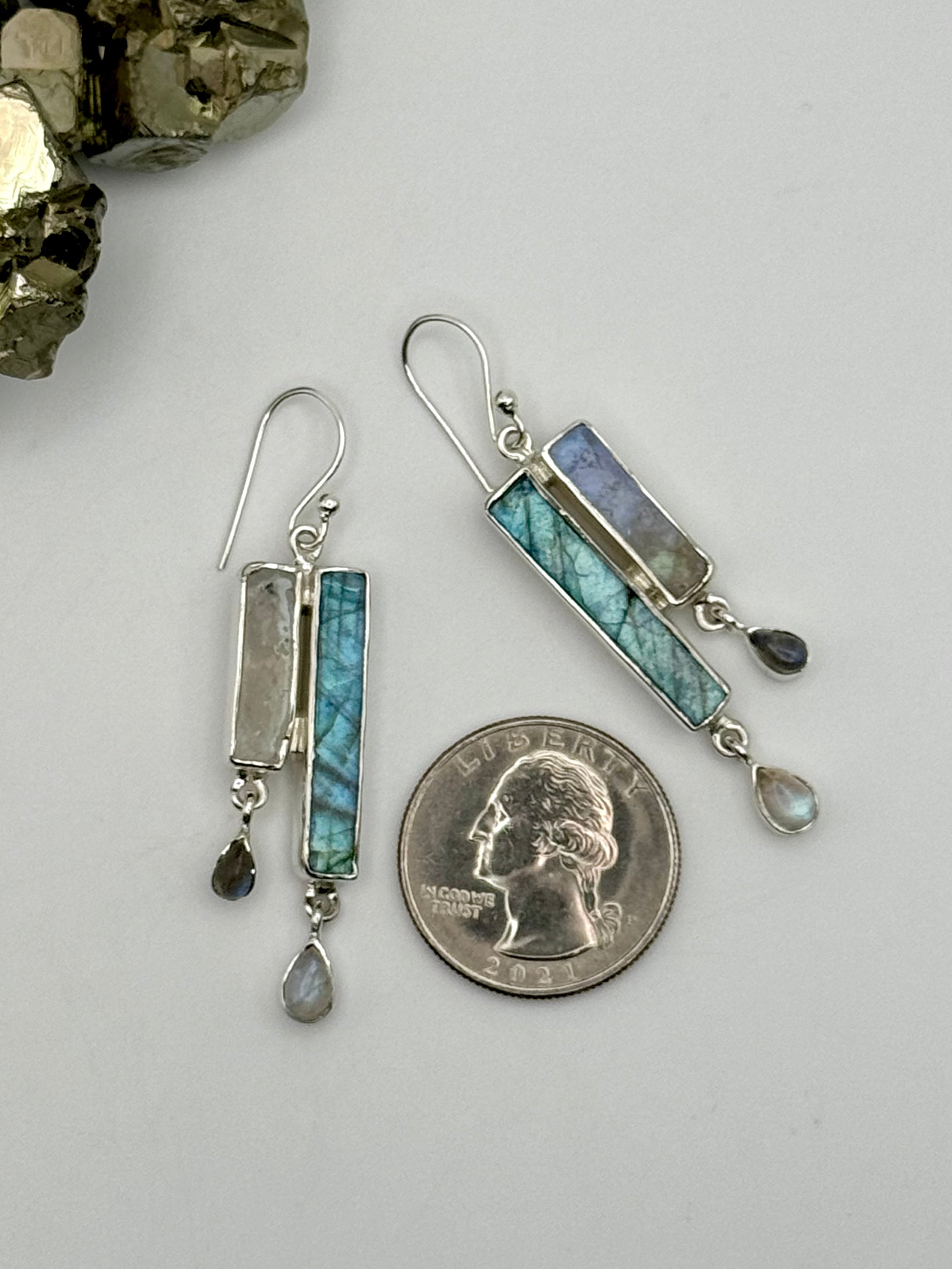 •RAIN STORM• labradorite + rainbow moonstone + silver dangle earrings