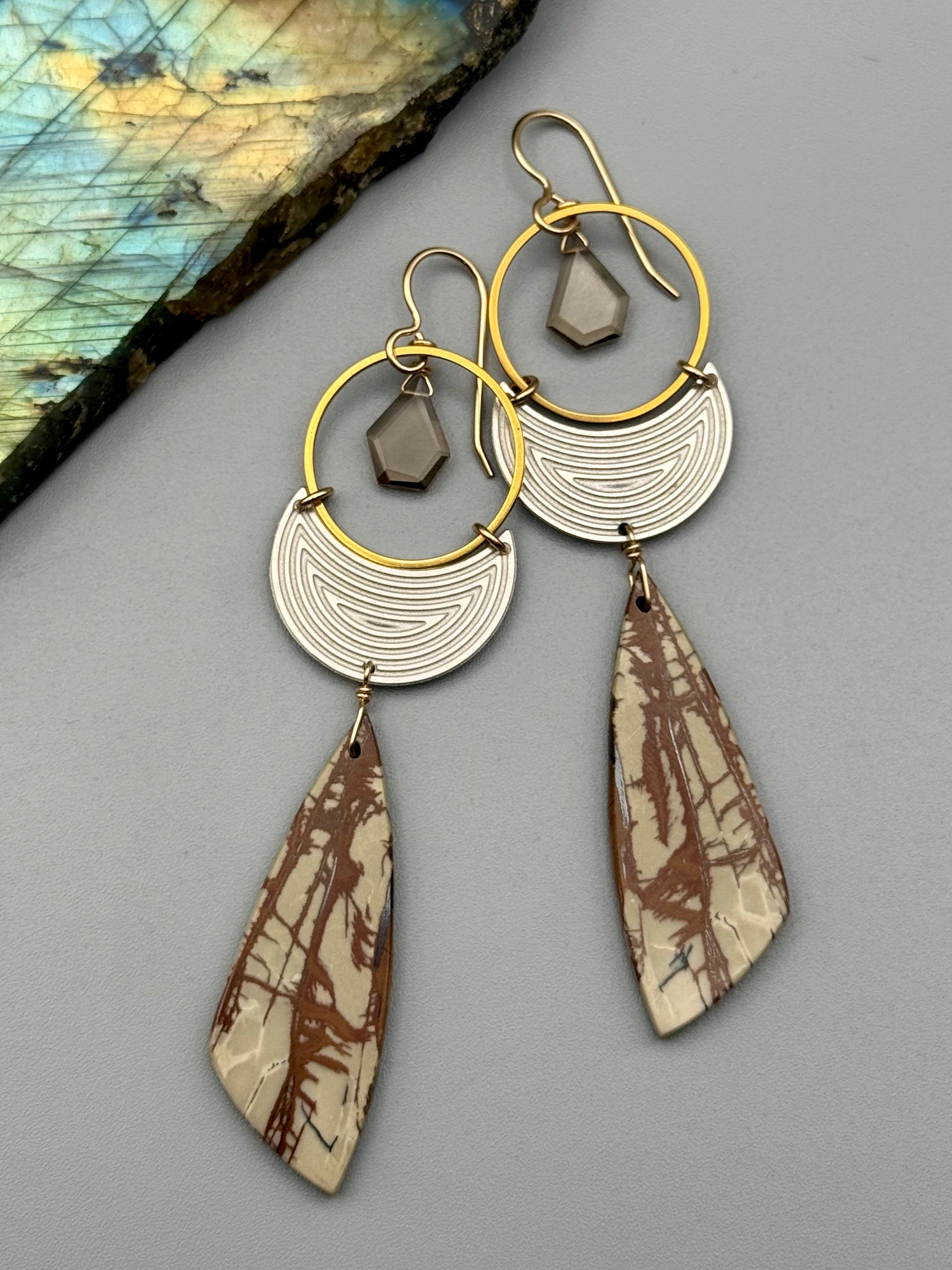 •MOON SHADOW• smoky quartz + jasper mixed metal earrings